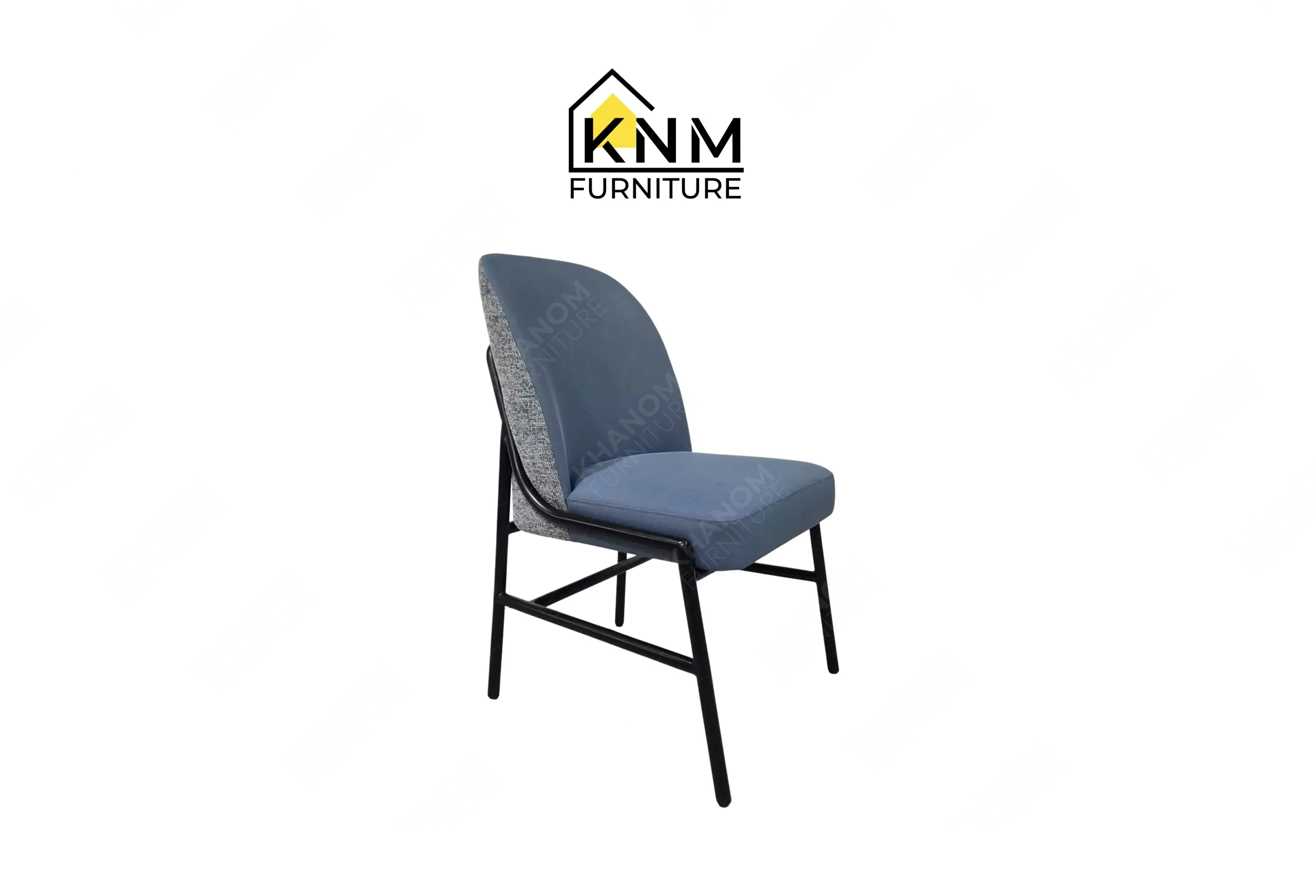 A perspective view illustrating the structural framing and deep seating of the double walled aluminum upholstered dining chair produced by Khanom Furniture.