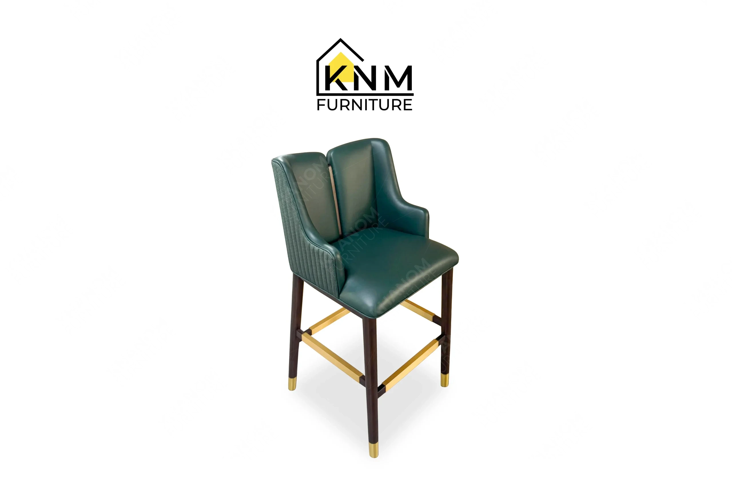 A perspective view illustrating the sloped arms and Antique Brass sabots of the Forest Green leather split back barstool produced by Khanom Furniture.