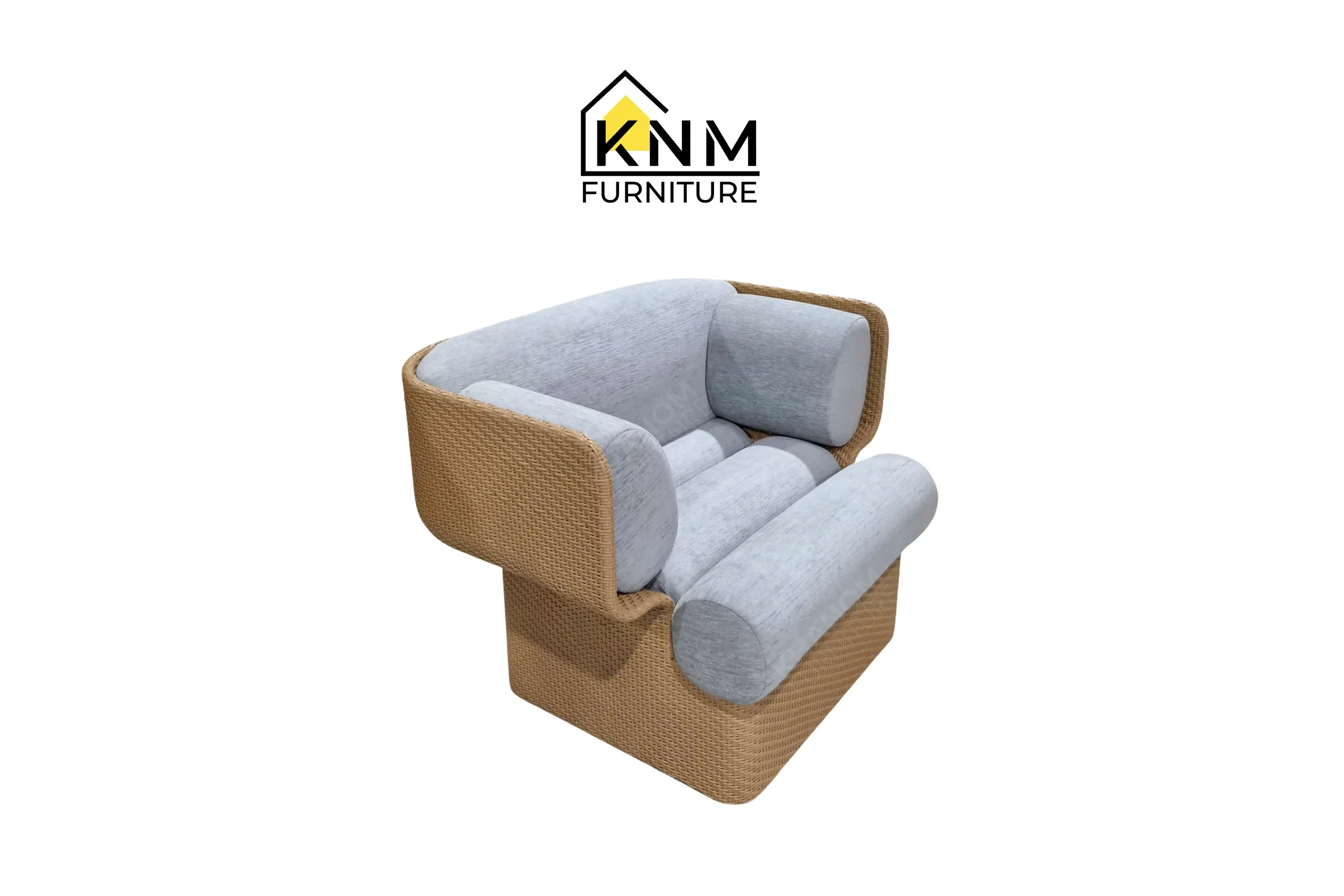 A perspective view illustrating the cylindrical bolsters and woven shell of the herringbone synthetic caning lounge chair produced by Khanom Furniture.