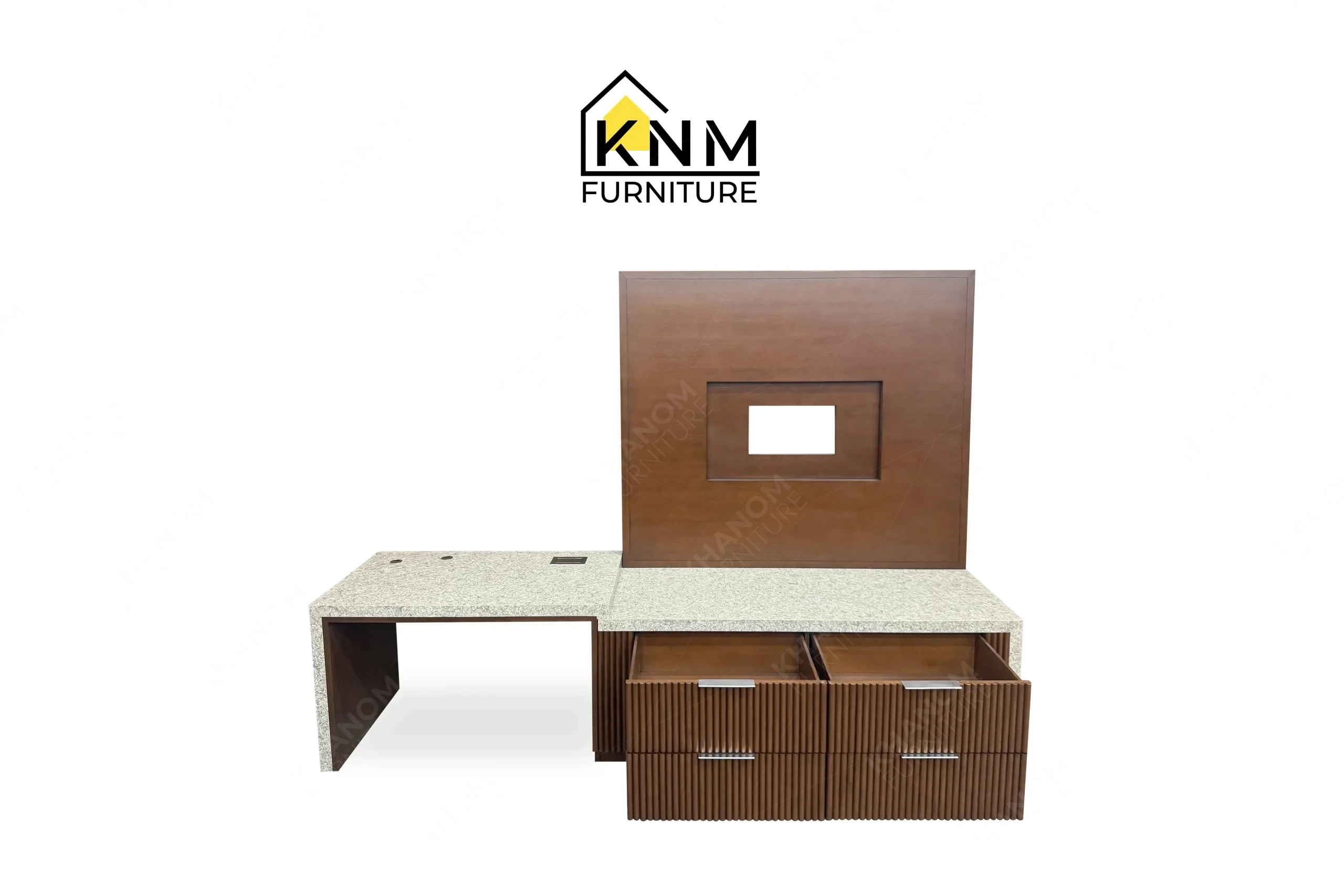 This open front view displays the integrated quartz top tambour media desk manufactured by Khanom Furniture, highlighting the ribbed wood base and continuous stone surface.