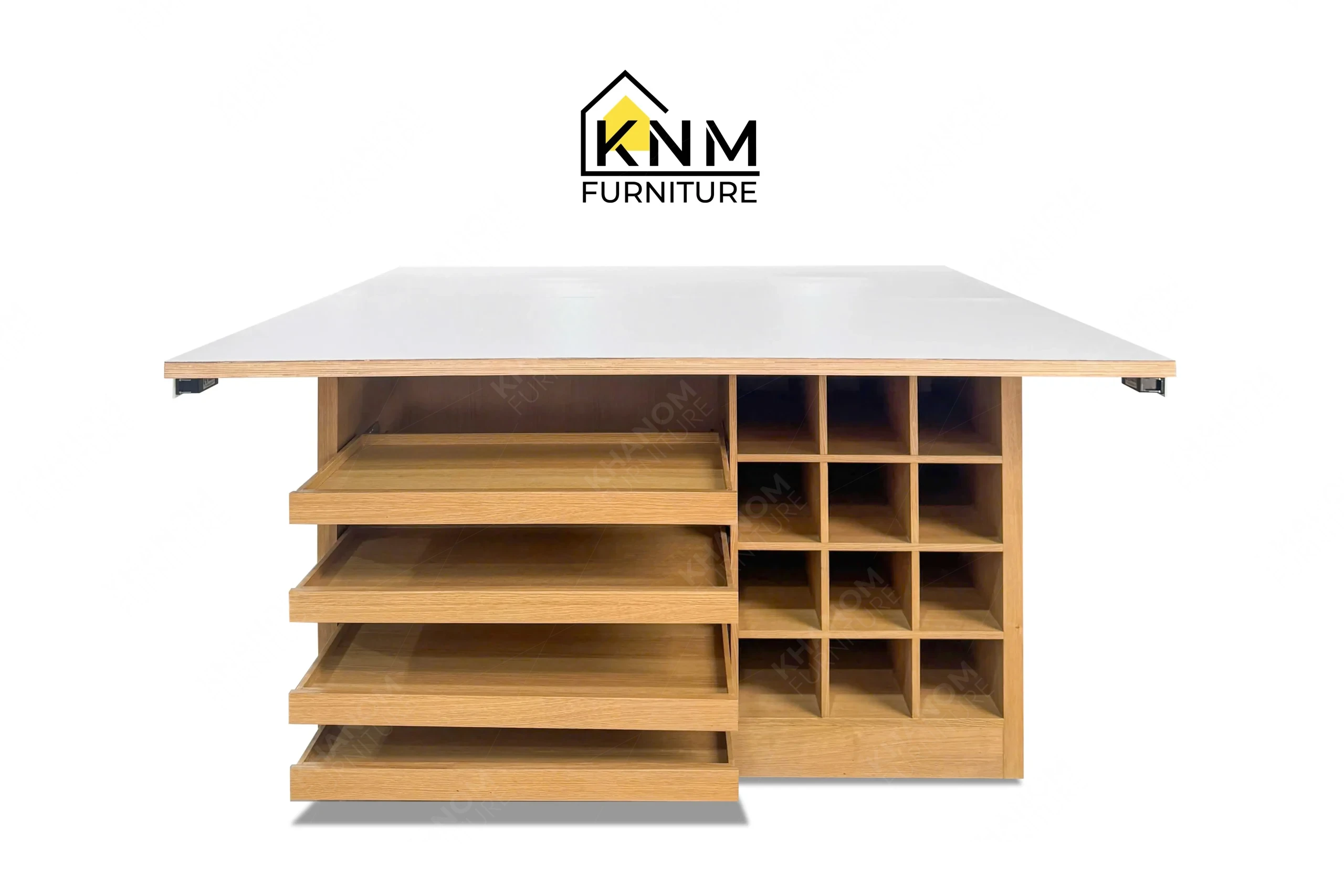 A perspective view illustrating the storage integration and expansive surface of the laminate top oak veneer work table produced by Khanom Furniture.