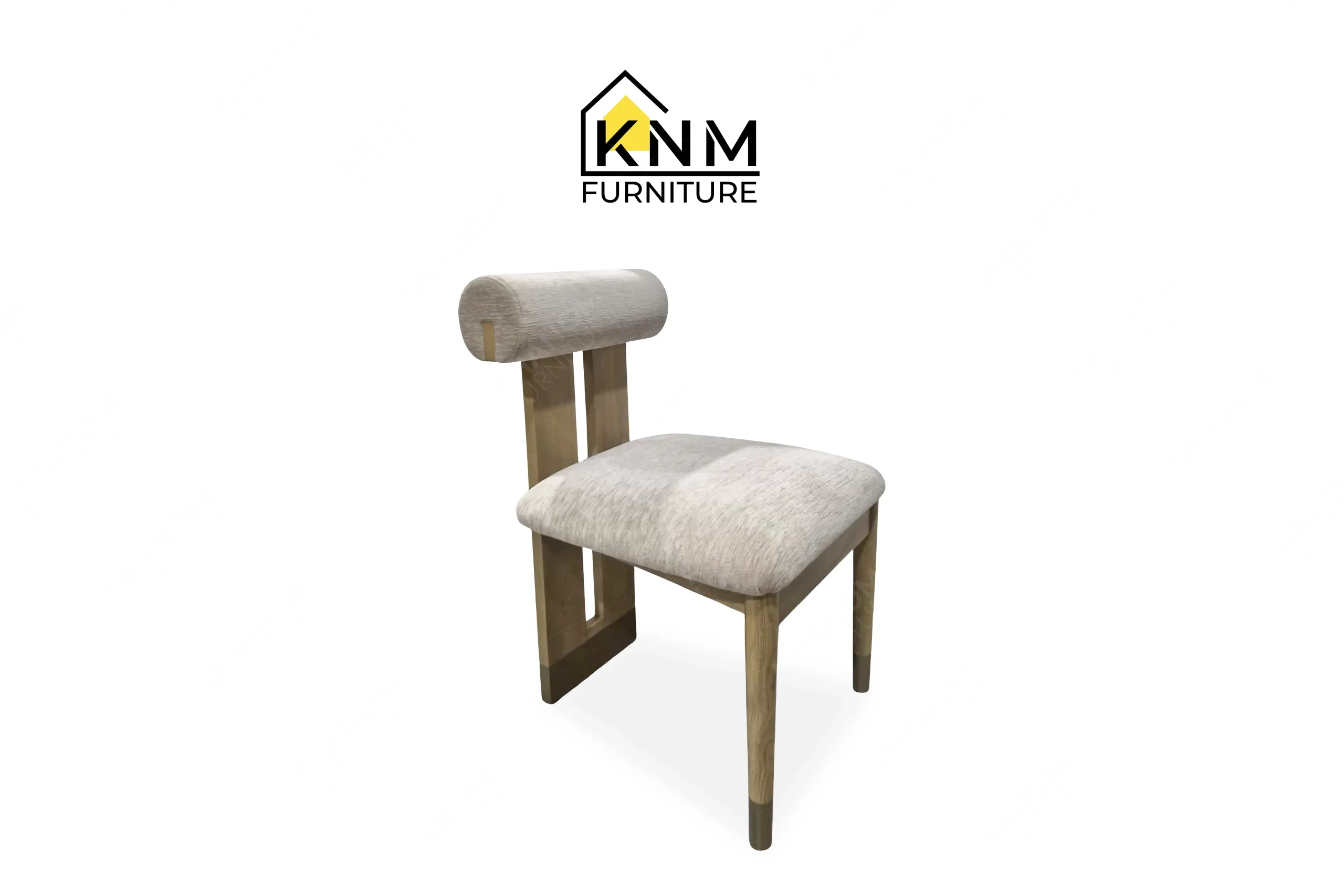 A perspective view illustrating the tailored backrest and solid wood framing of the metal sabot ash wood desk chair produced by Khanom Furniture.
