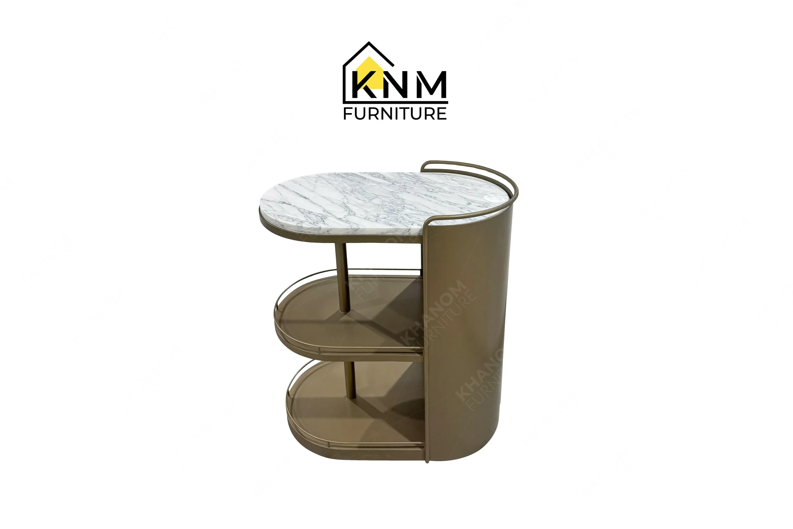 The side profile of the Platinum Nickel Calcatta stone bar cart highlights the 1/8-inch metal plates and central column specified by Khanom Furniture.