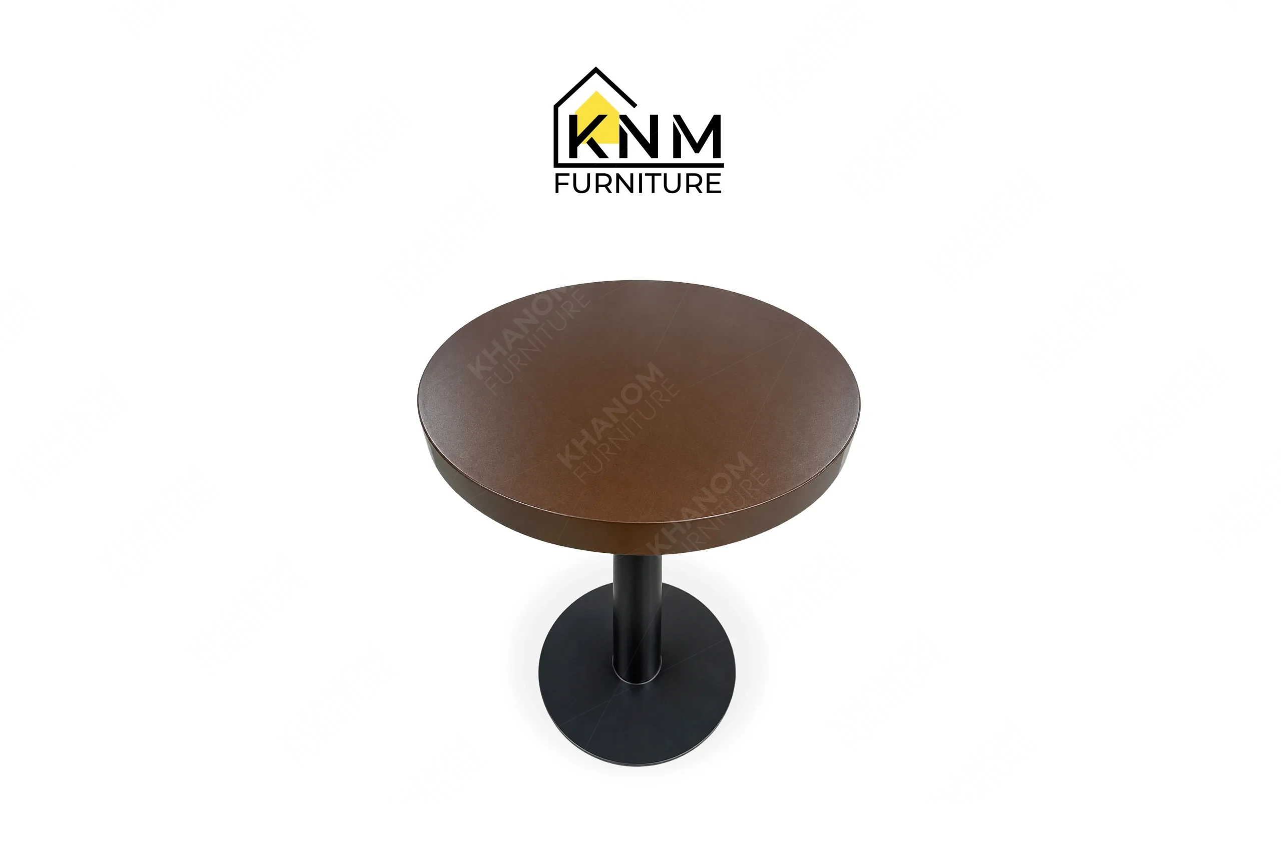 A perspective view illustrating the tapered pedestal and metal top of the Prismatic powdercoat metal bar table produced by Khanom Furniture.