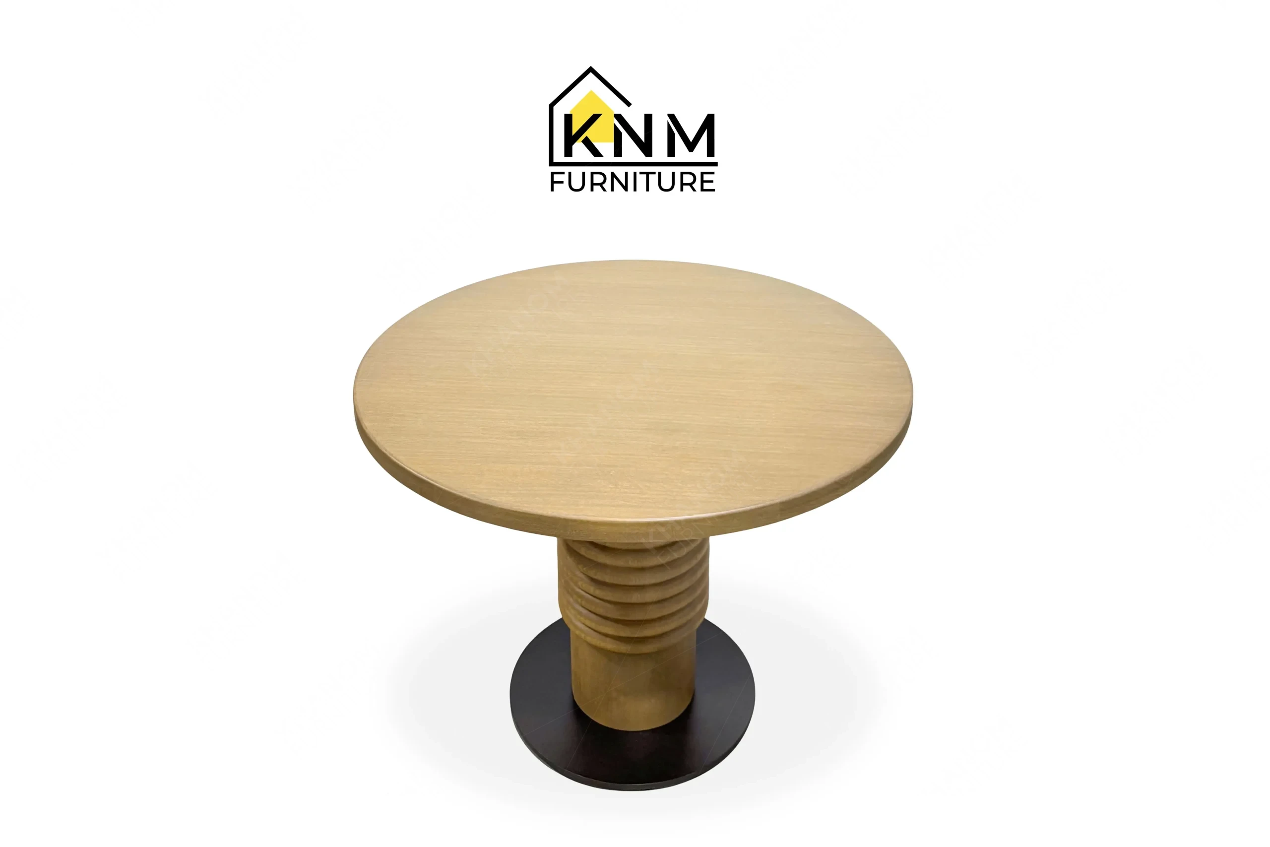 A perspective view illustrating the ribbed post and flat metal base of the quarter cut oak banquette dining table produced by Khanom Furniture.