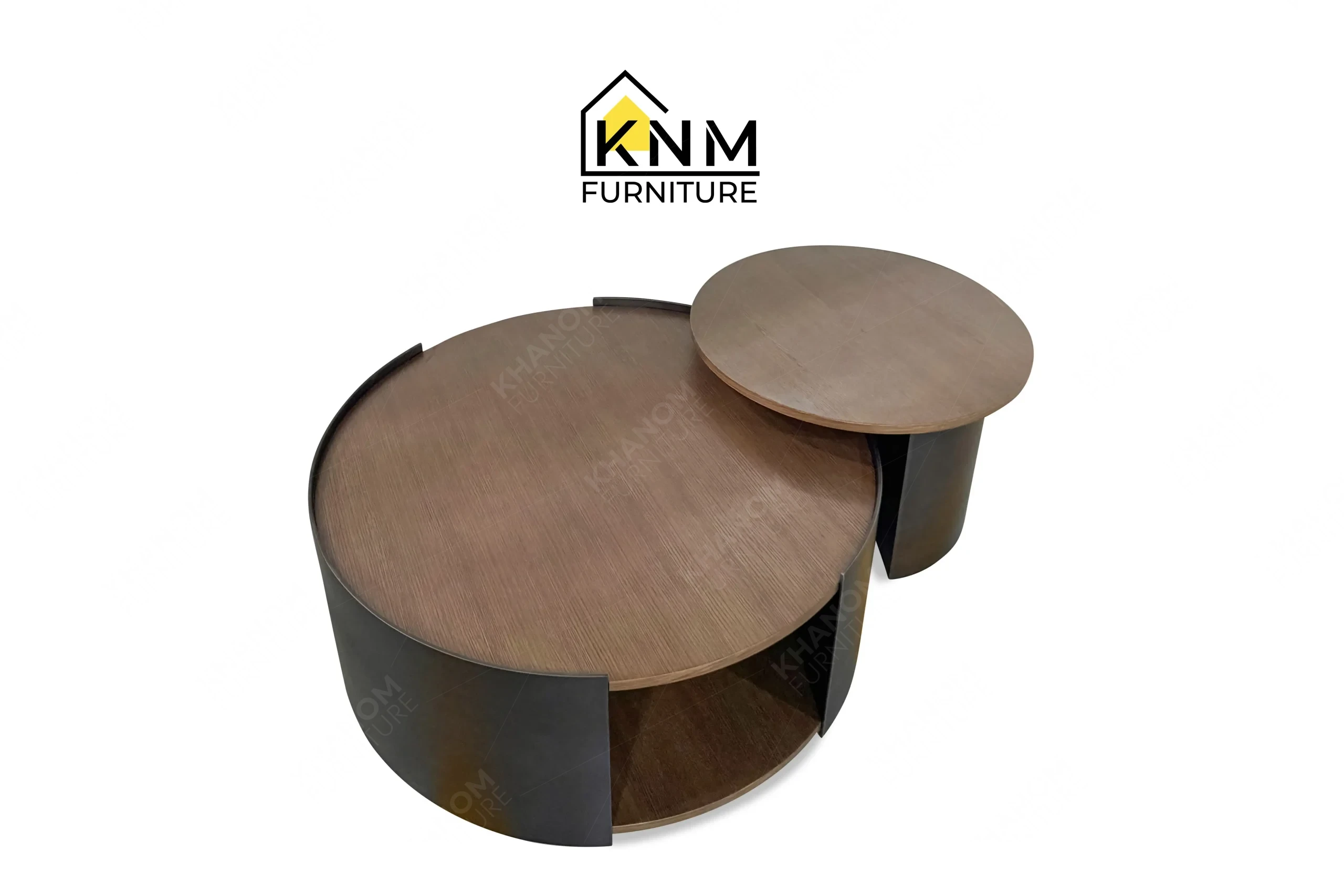 A perspective view illustrating the interlocking mechanics of the quarter cut oak nesting coffee table produced by Khanom Furniture.