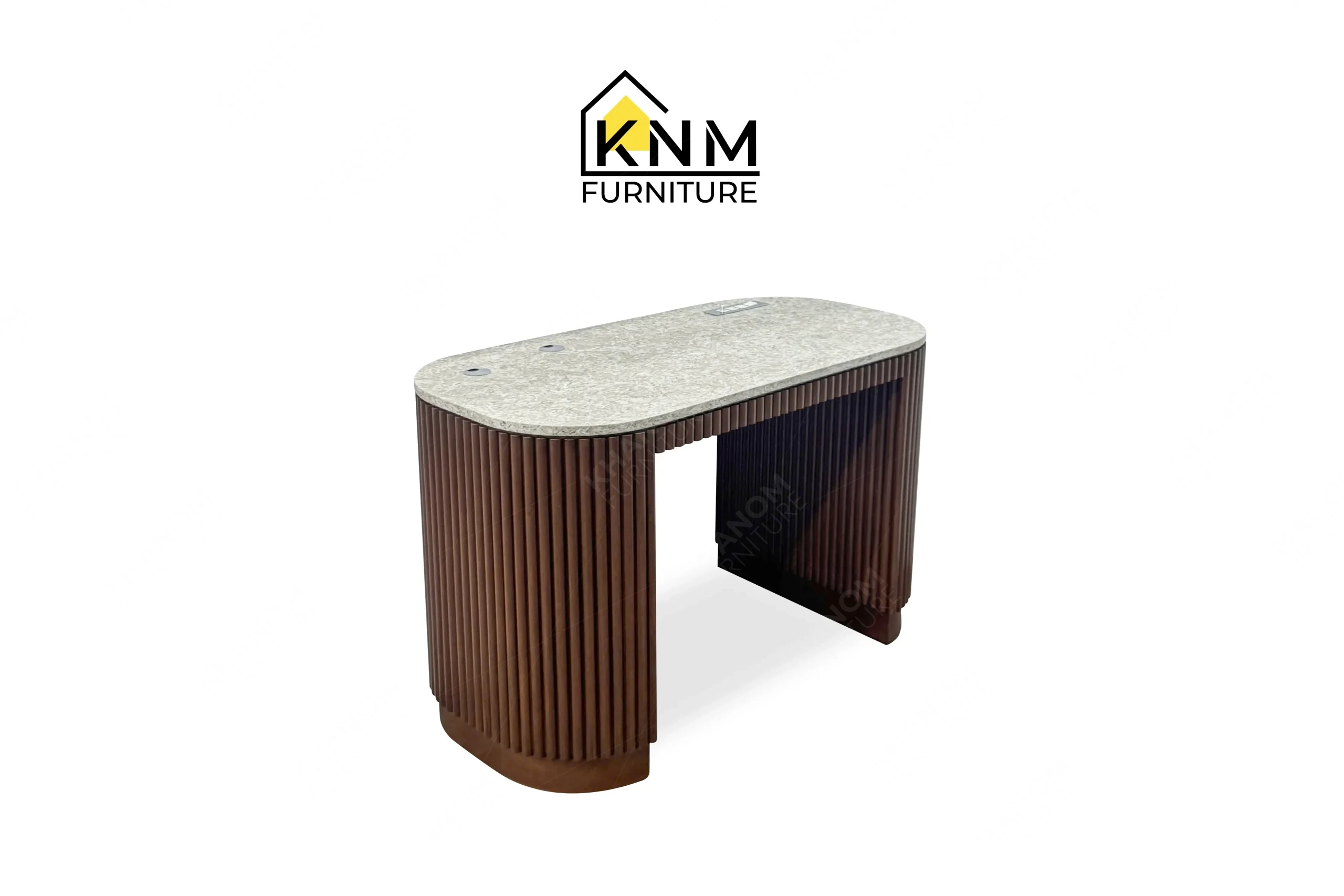 A perspective view illustrating the curved pedestals and surface power integration of the quartz top tambour king bed desk produced by Khanom Furniture.