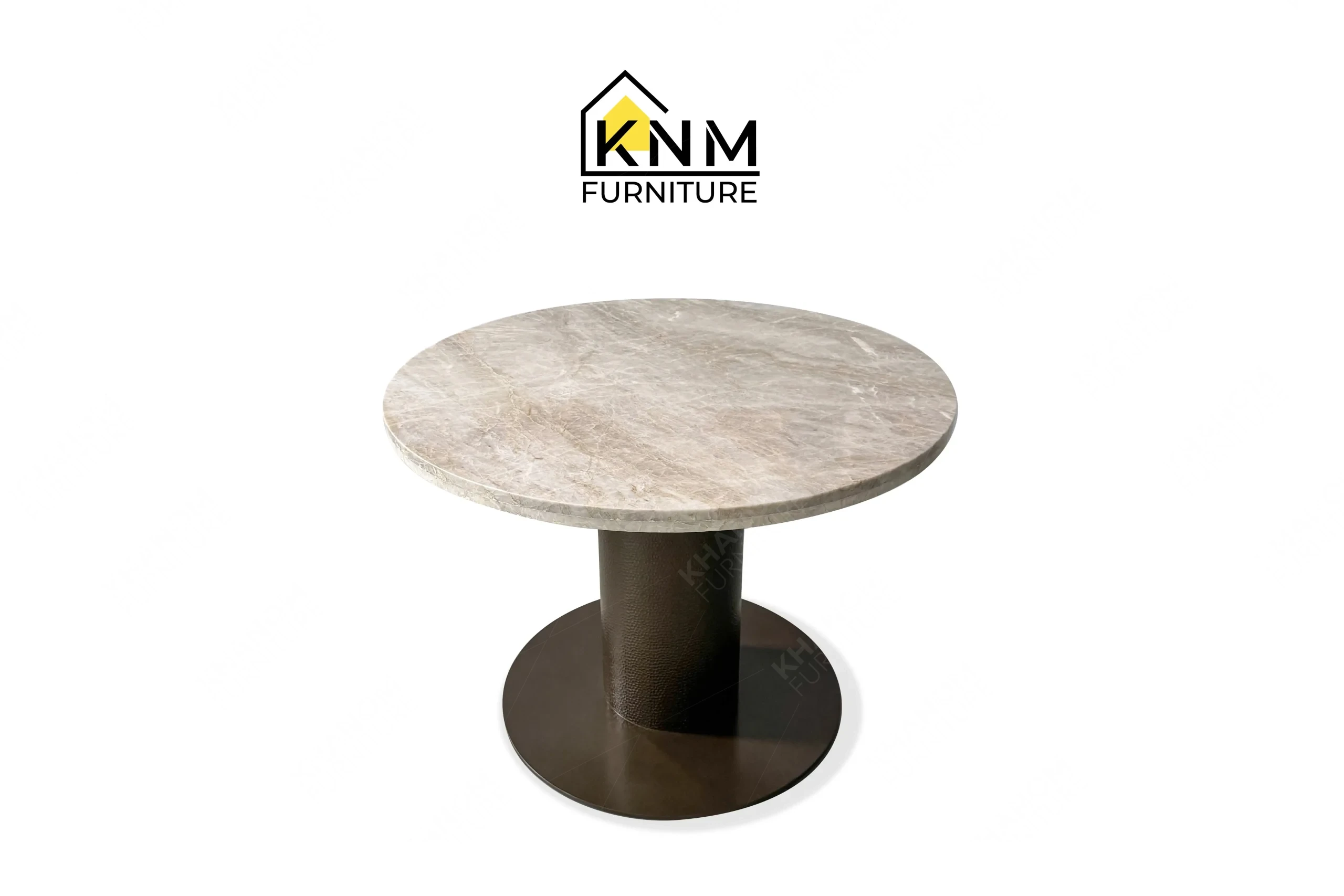 A perspective view illustrating the metal pedestal and round stone top of the round stone top metal dining table produced by Khanom Furniture.