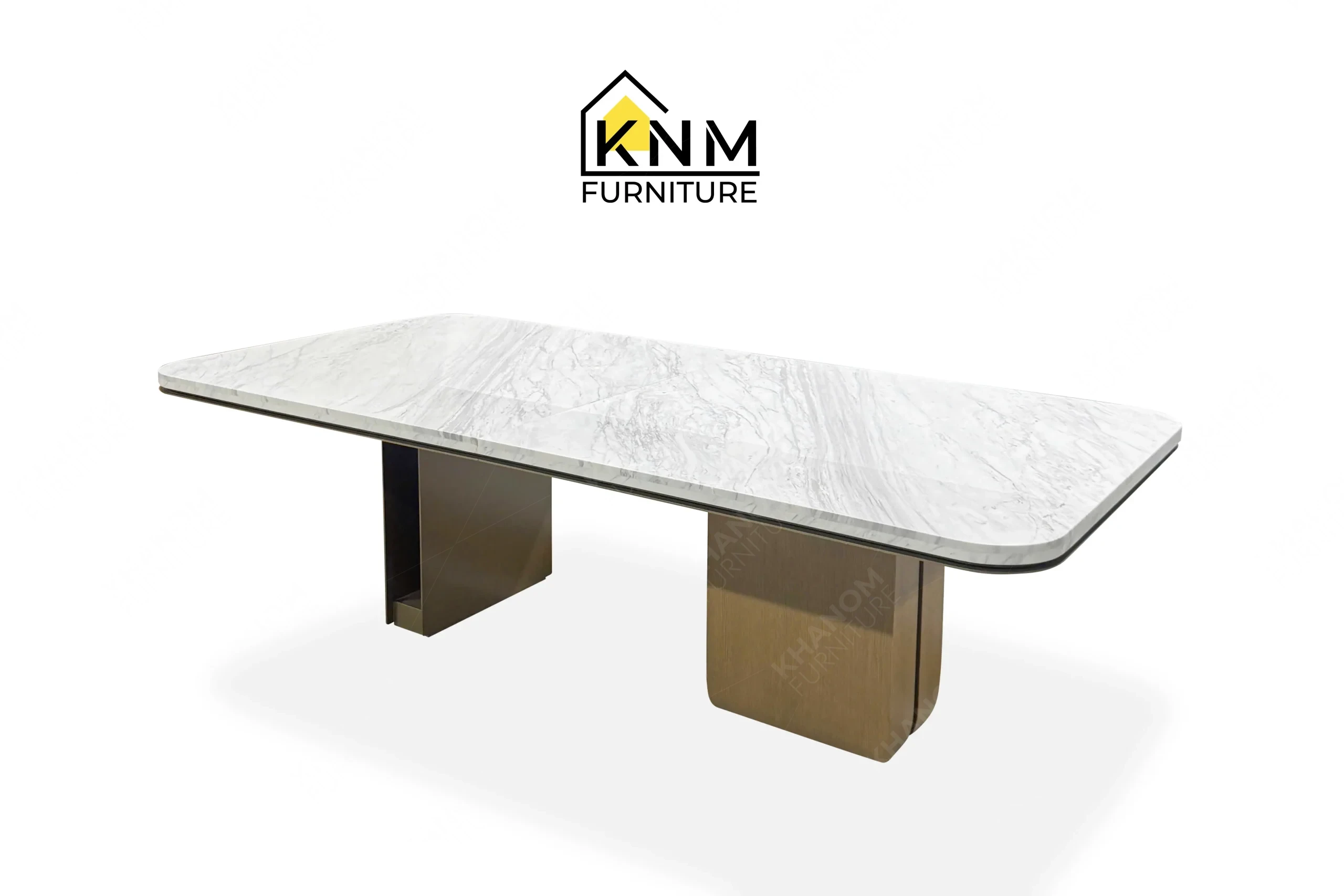 A perspective view illustrating the asymmetrical base and expansive marble surface of the Volakas marble Stoneguard oak dining table produced by Khanom Furniture.