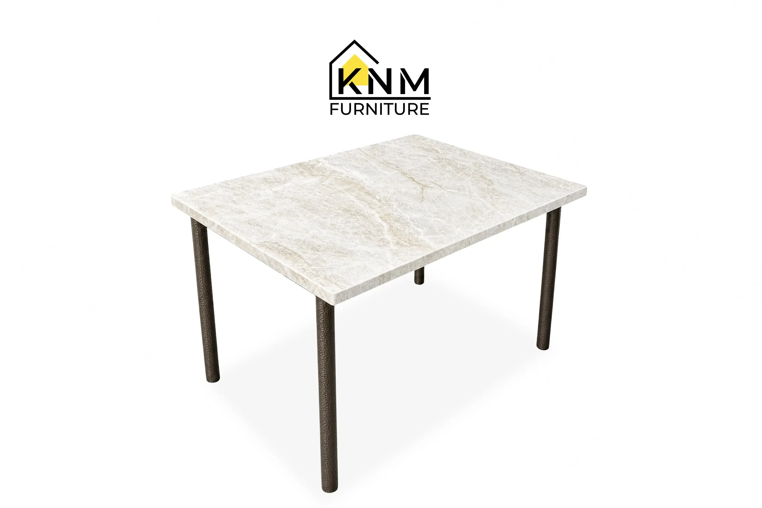 The side profile of the 4-top stone rectangular dining table highlights the 3-inch leg inset and stone edge specified by Khanom Furniture.