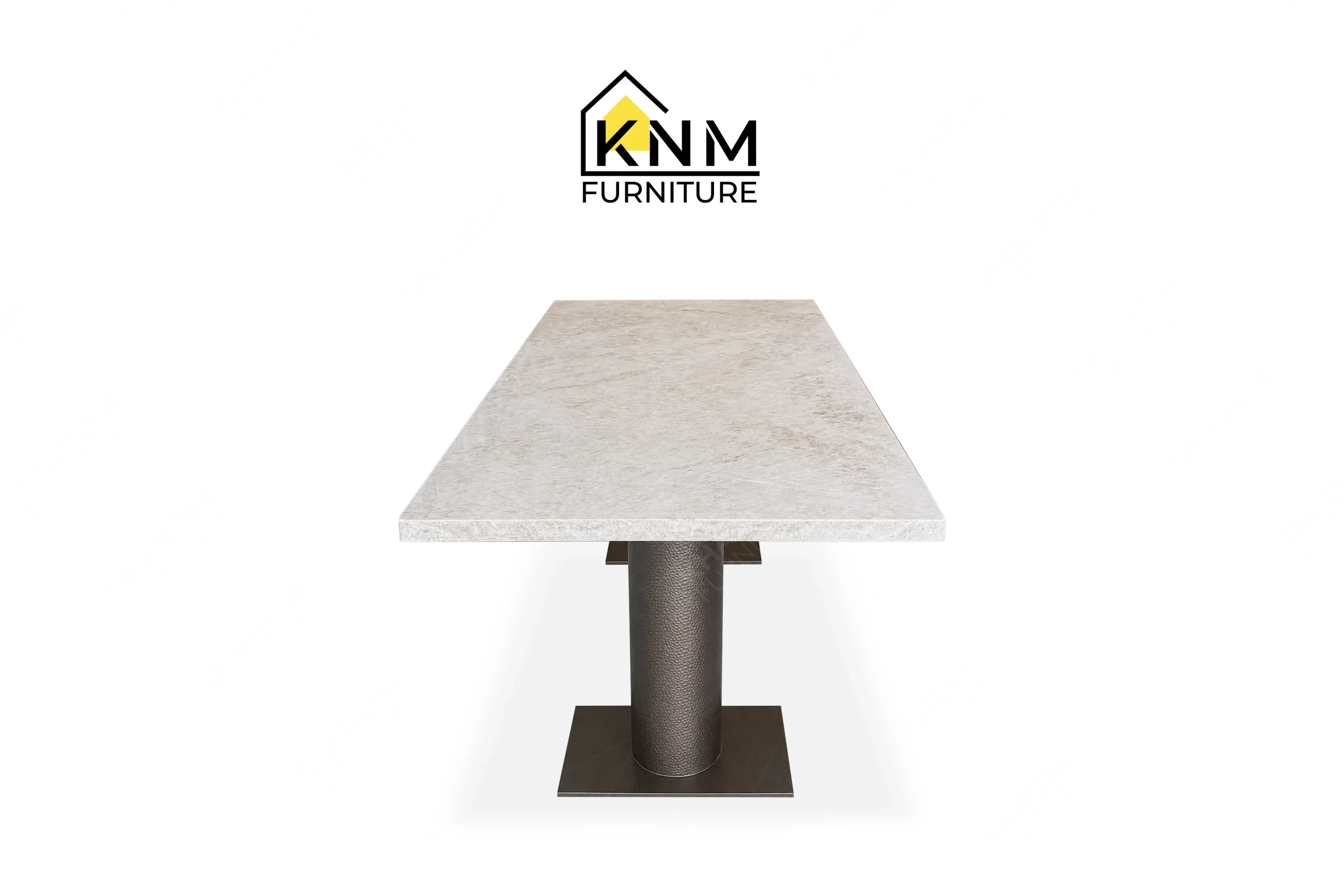 The side profile of the double pedestal stone dining table highlights the structural balance and pedestal depth specified by Khanom Furniture.