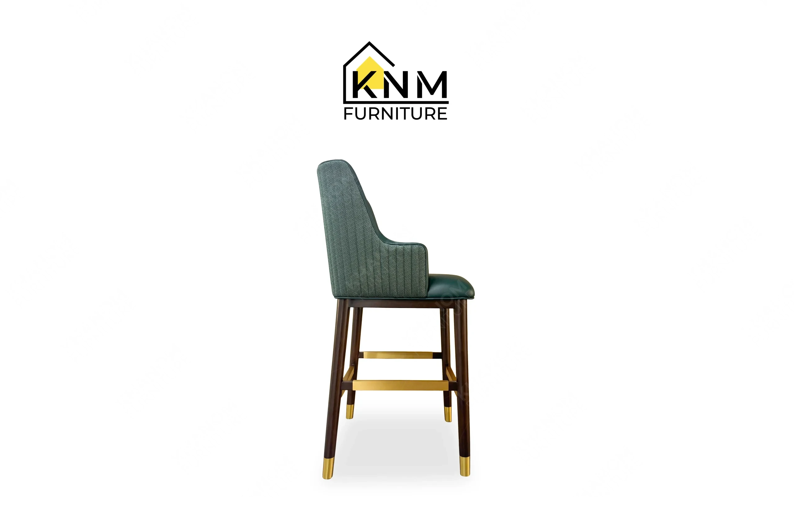 The side profile of the Forest Green leather split back barstool highlights the structural frame pitch and metal footrest specified by Khanom Furniture.