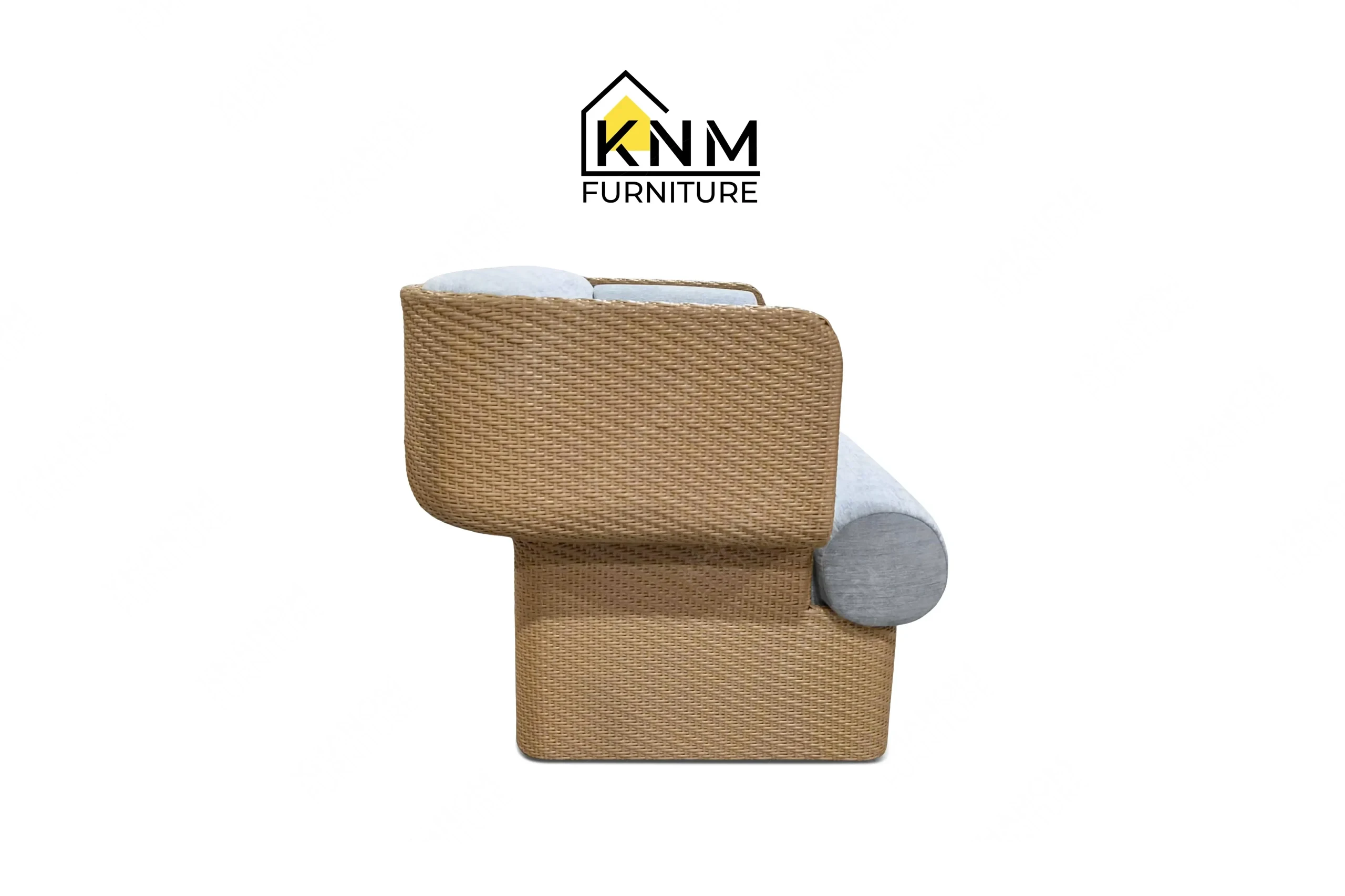 The side profile of the herringbone synthetic caning lounge chair highlights the continuous woven shell specified by Khanom Furniture.