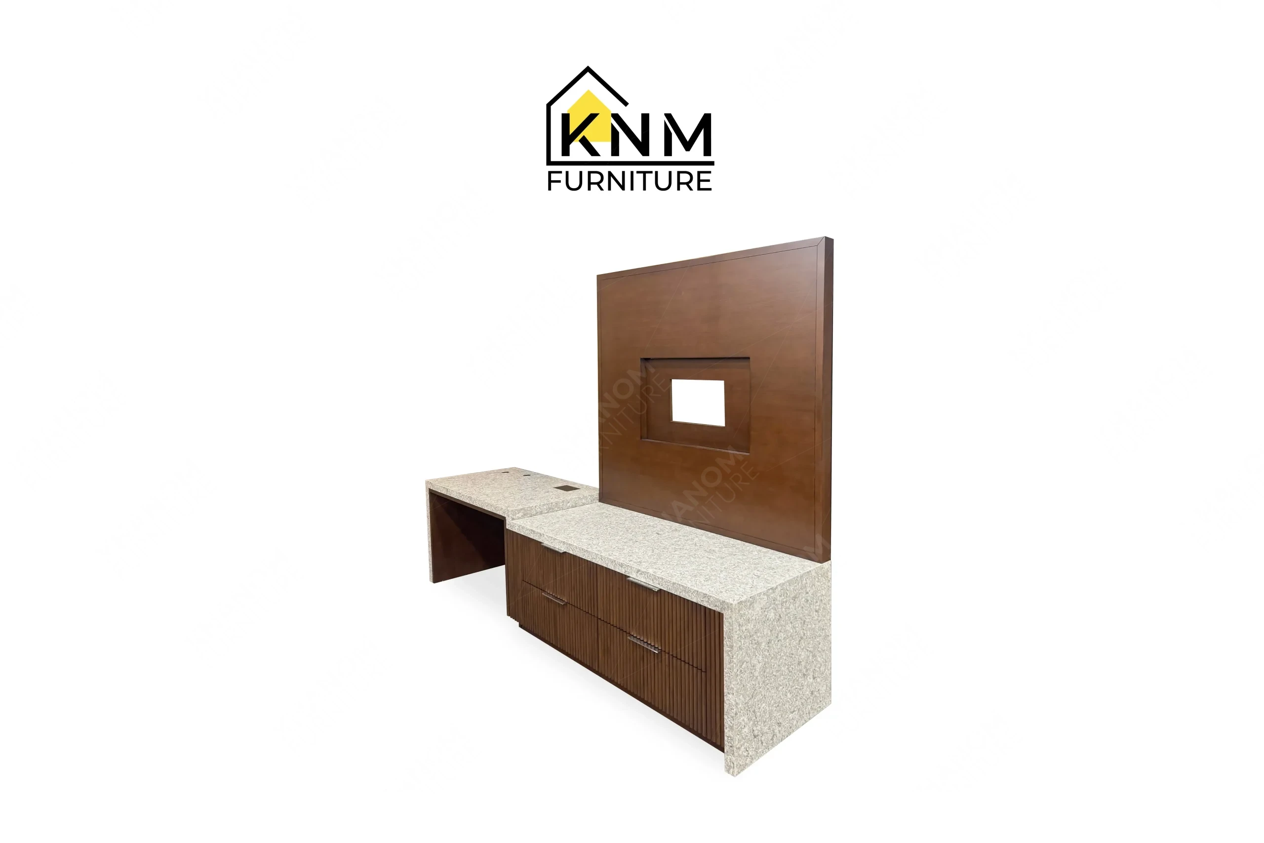A perspective view illustrating the continuous stone top and power integration of the integrated quartz top tambour media desk produced by Khanom Furniture.