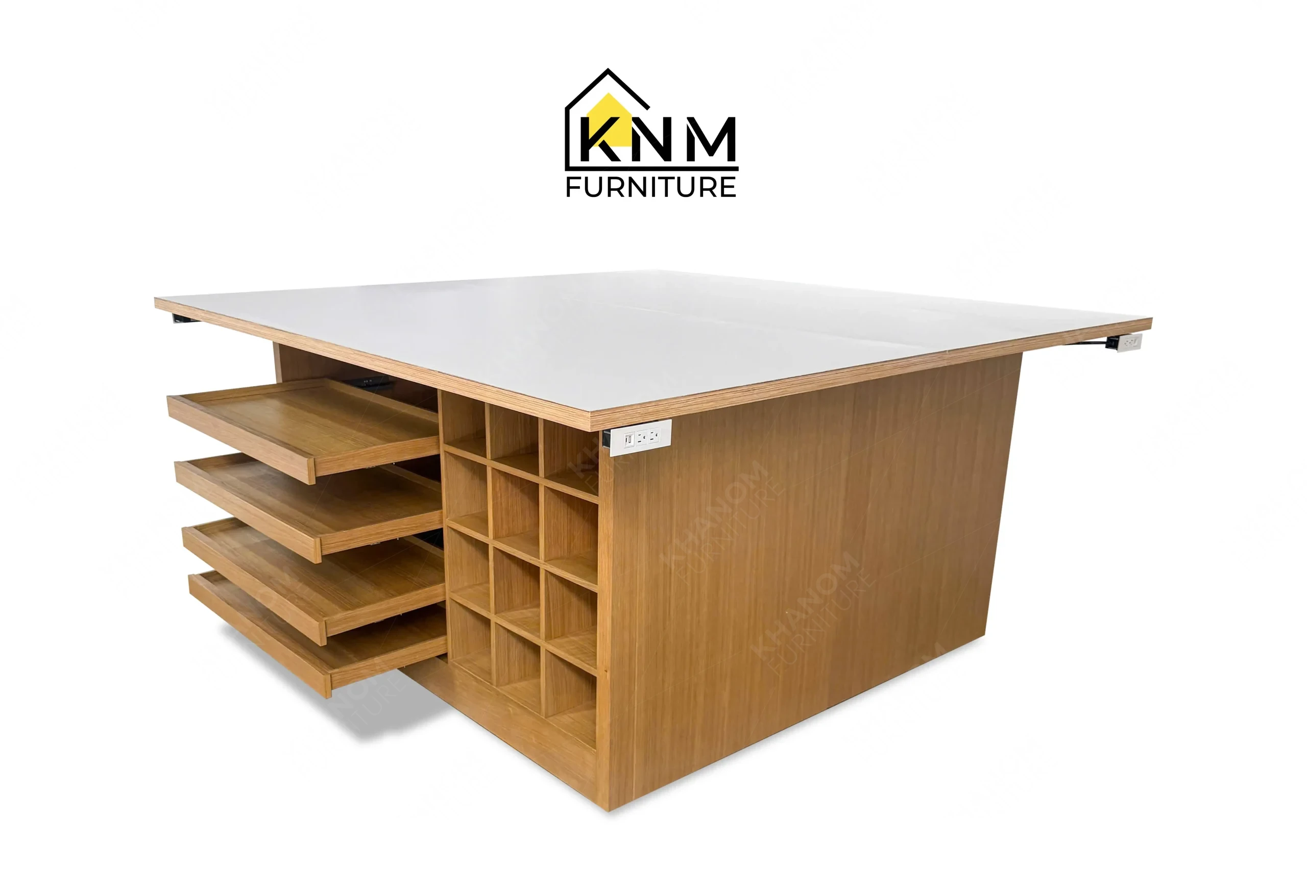 The side profile of the laminate top oak veneer work table highlights the live edge plywood and deep overhang specified by Khanom Furniture.