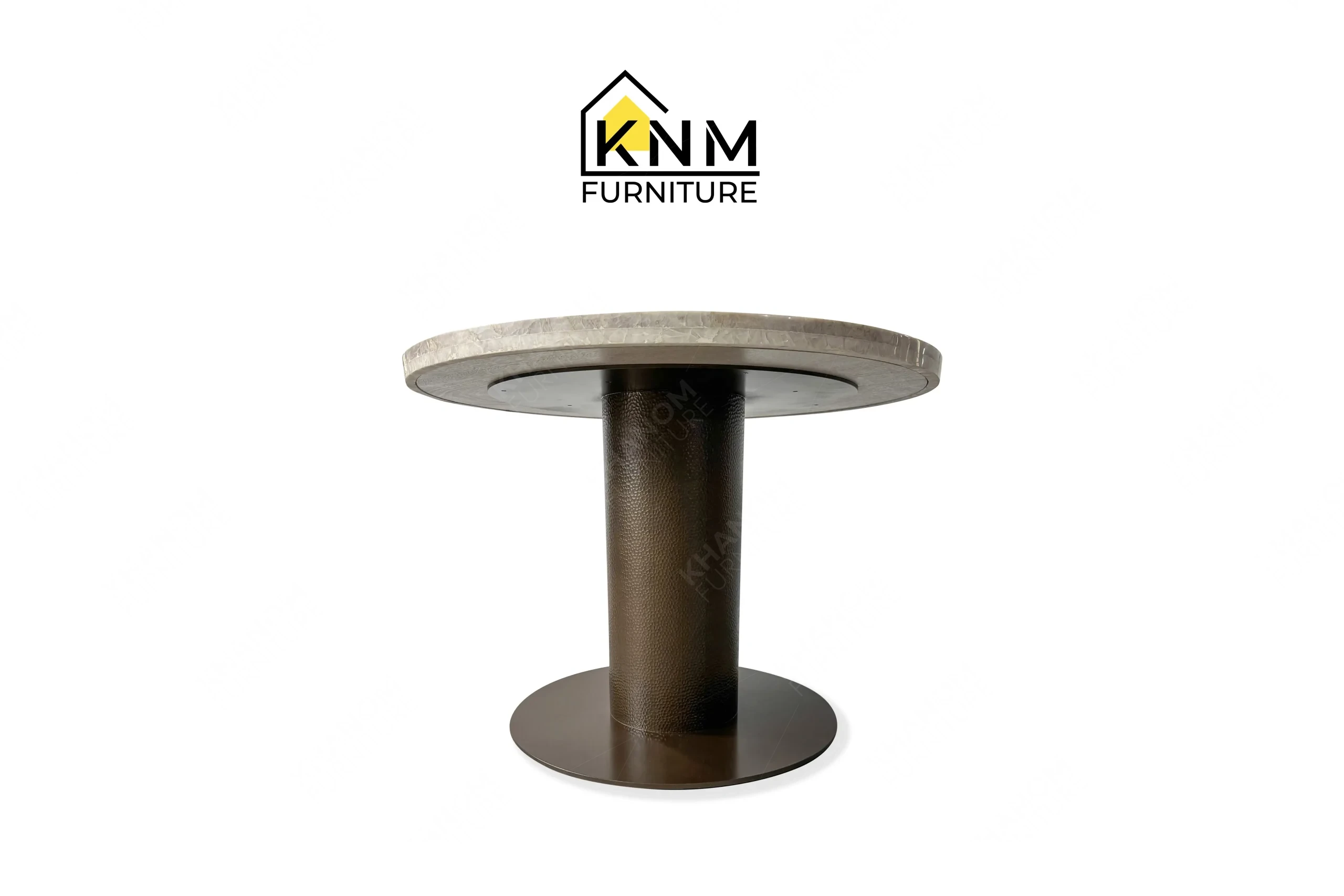 The side profile of the round stone top metal dining table highlights the structural balance and 1-1/2 inch stone edge specified by Khanom Furniture.