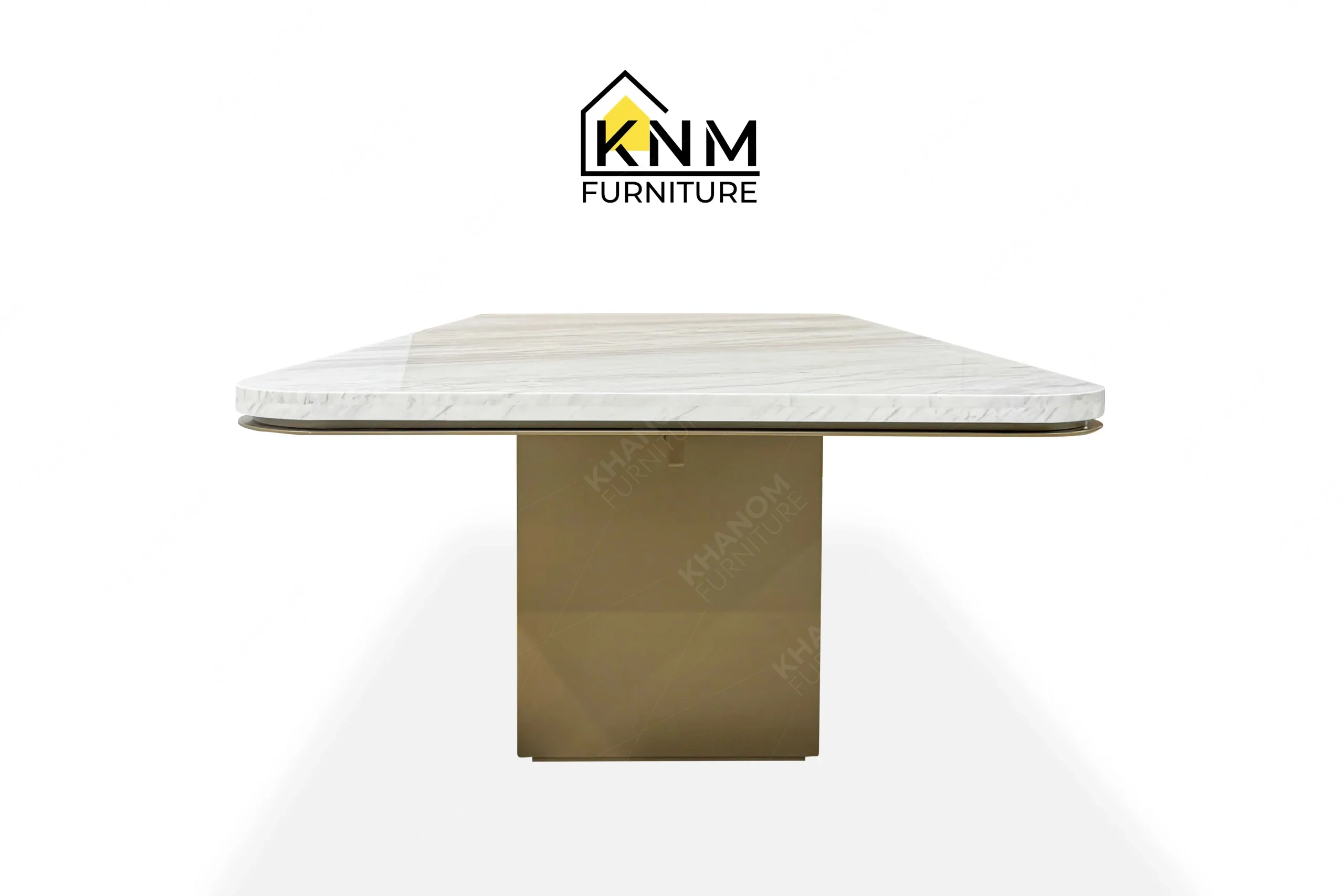 The side profile of the Volakas marble Stoneguard oak dining table highlights the 1.5-inch stone edge and pedestal depth specified by Khanom Furniture.