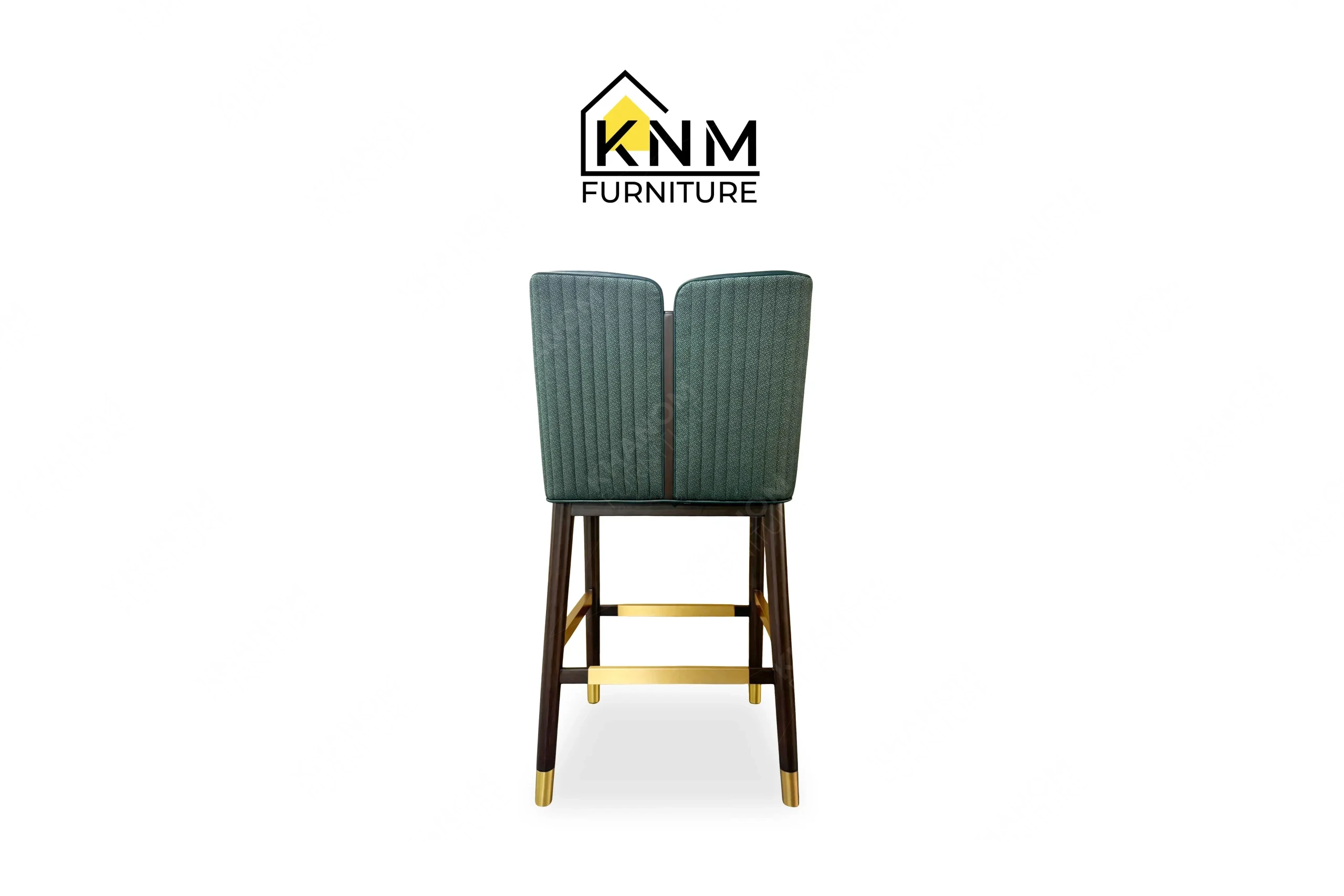 This rear view captures the Taffard fabric upholstery on the back of the Forest Green leather split back barstool engineered by Khanom Furniture.