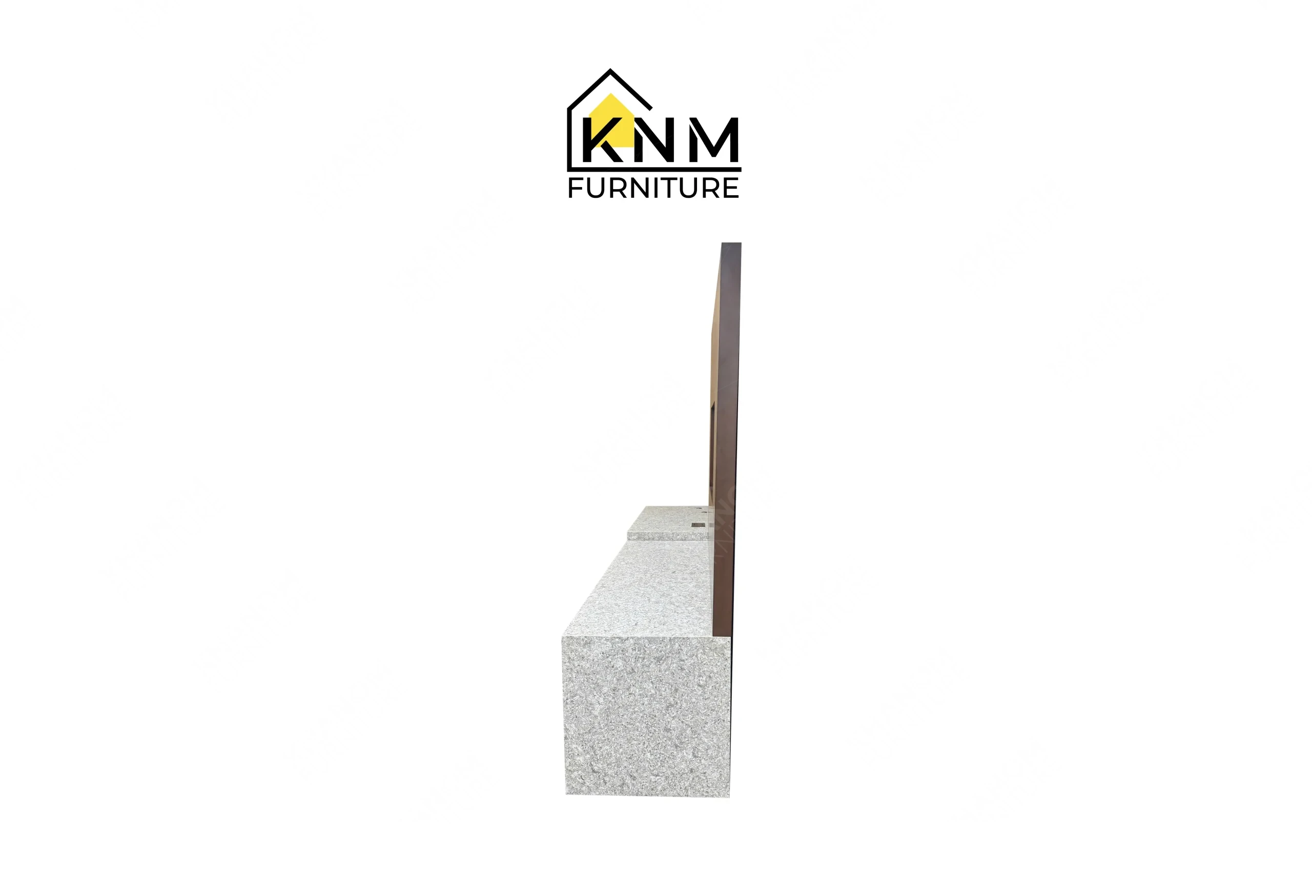 The side profile of the integrated quartz top tambour media desk highlights the structural depth and KD hardware points specified by Khanom Furniture.