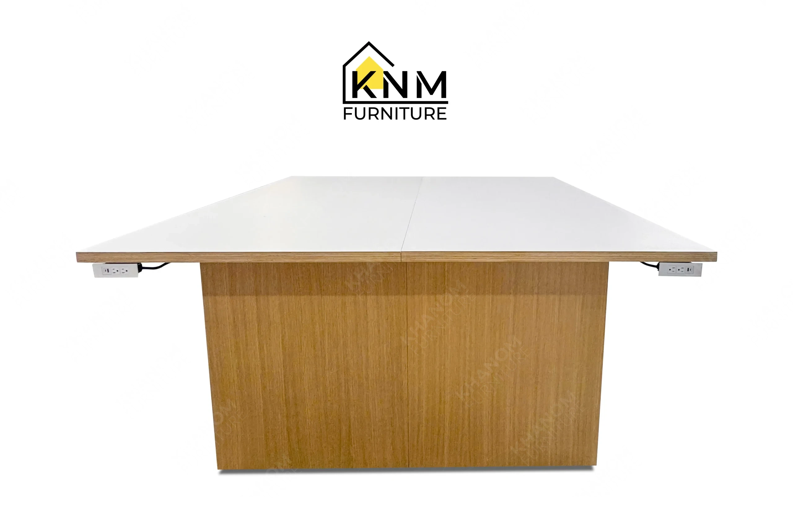 This rear view captures the KD structural panels of the laminate top oak veneer work table engineered by Khanom Furniture.