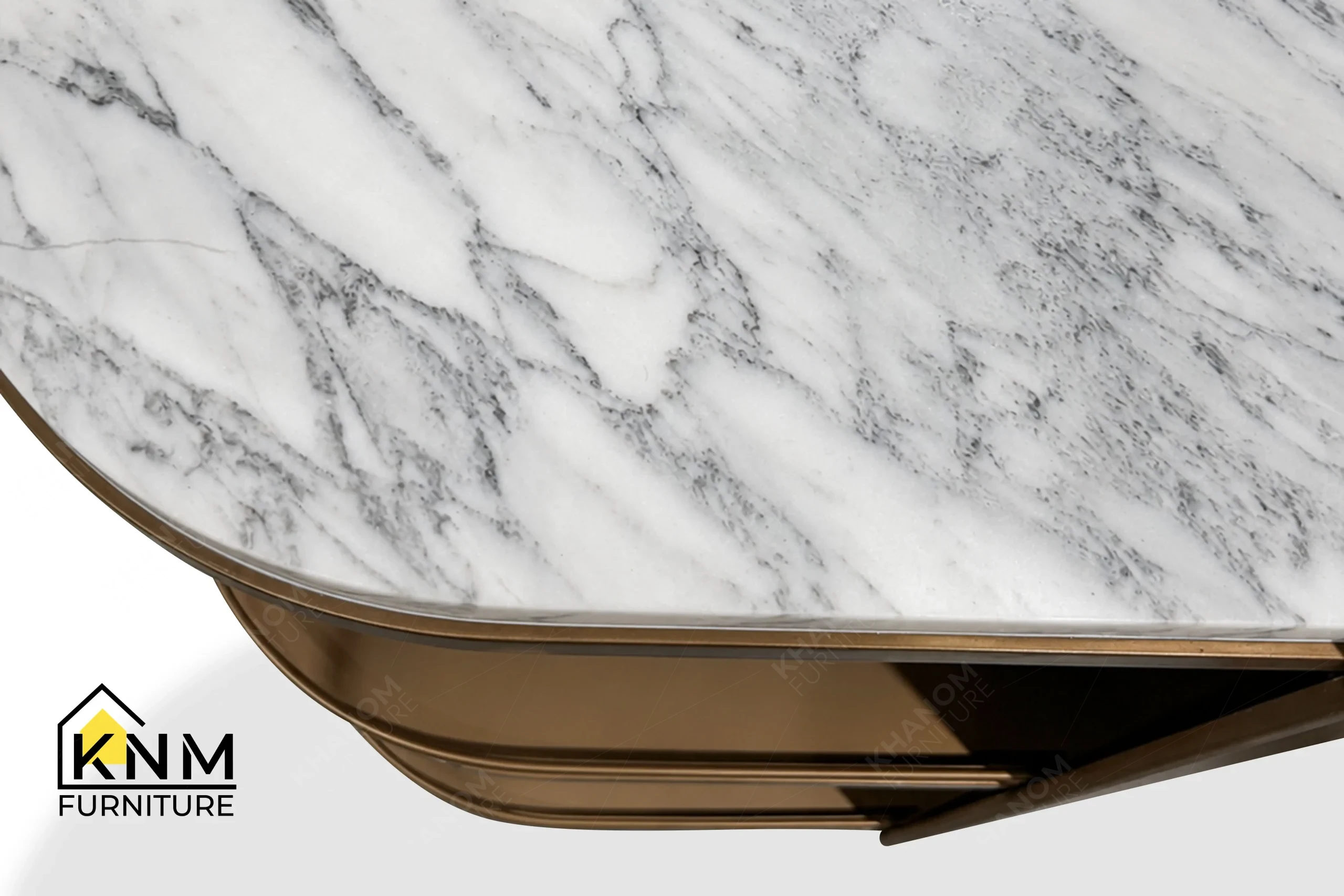 A detailed material zoom of the Platinum Nickel Calcatta stone bar cart by Khanom Furniture, showing the polished Calcatta Crema Delicata stone.