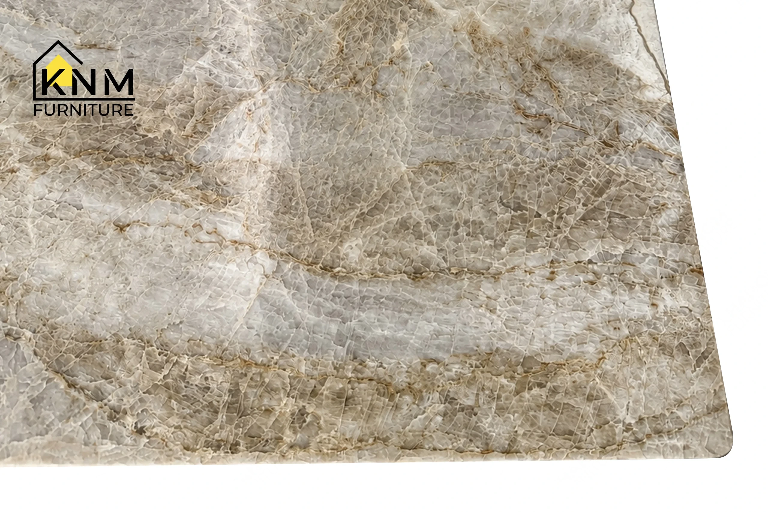 The surface texture detail of the stone top metal pedestal dining table manufactured by Khanom Furniture reveals the square eased edge of the stone.