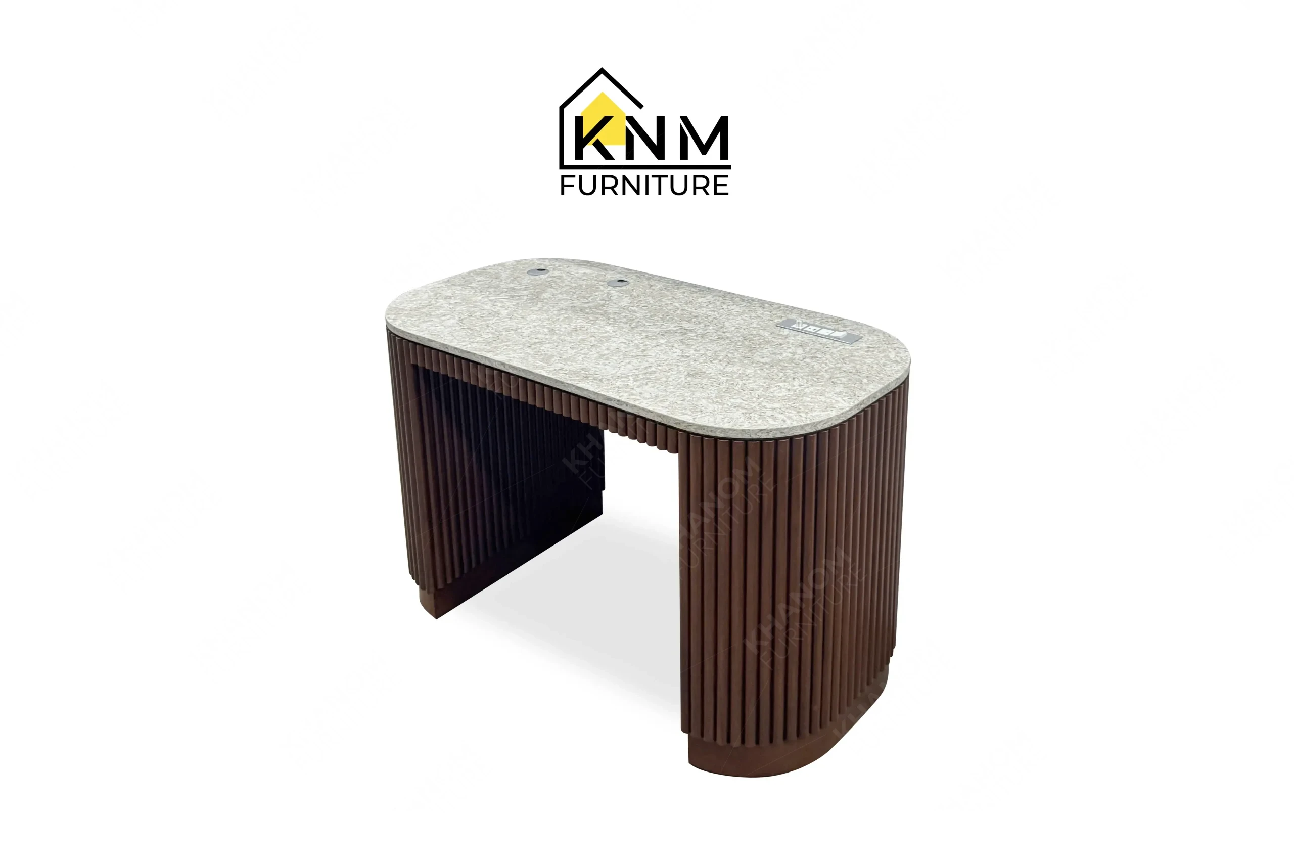An alternative rear perspective of the quartz top tambour king bed desk highlights the adjustable Teflon glides executed by Khanom Furniture.