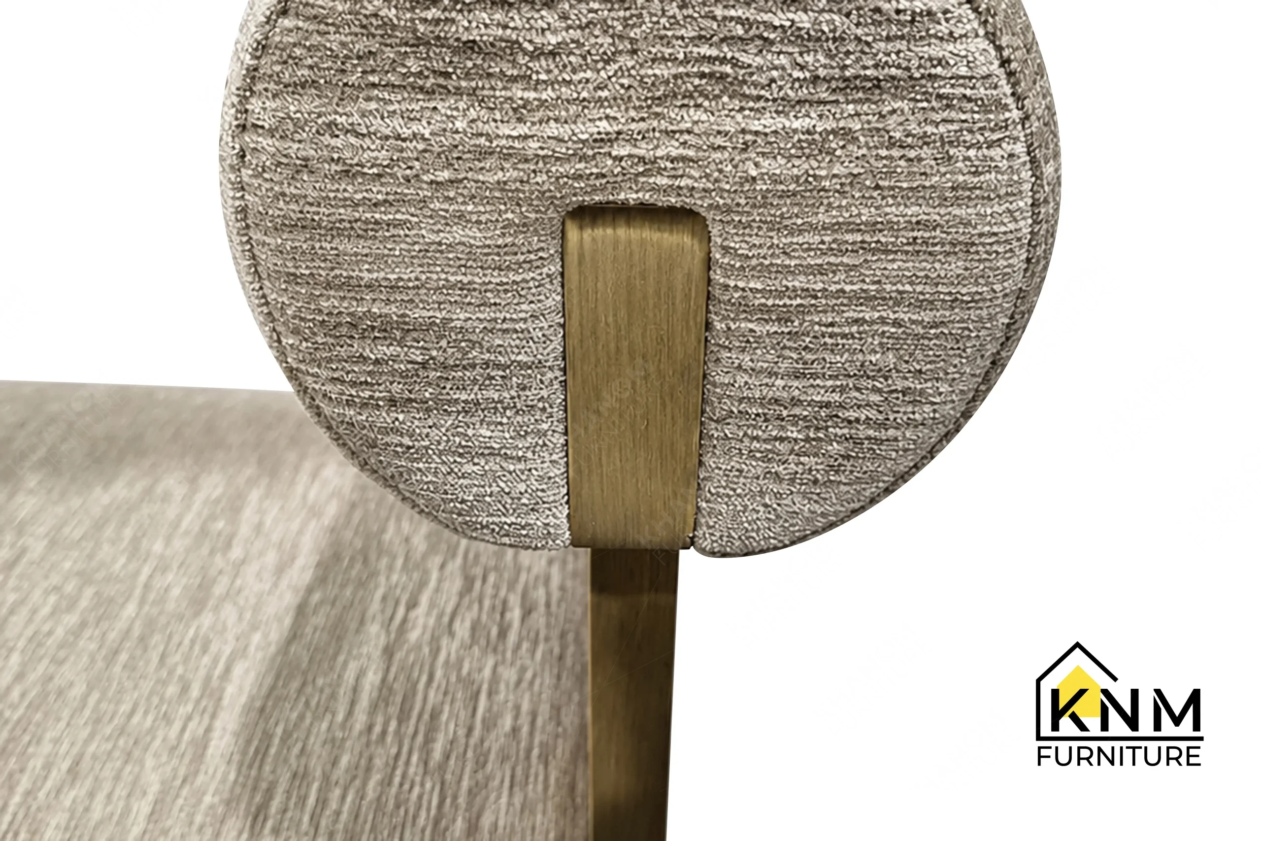 A detailed material zoom of the metal sabot ash wood desk chair by Khanom Furniture, showing the Pollack fabric weave adjacent to the ash wood frame.