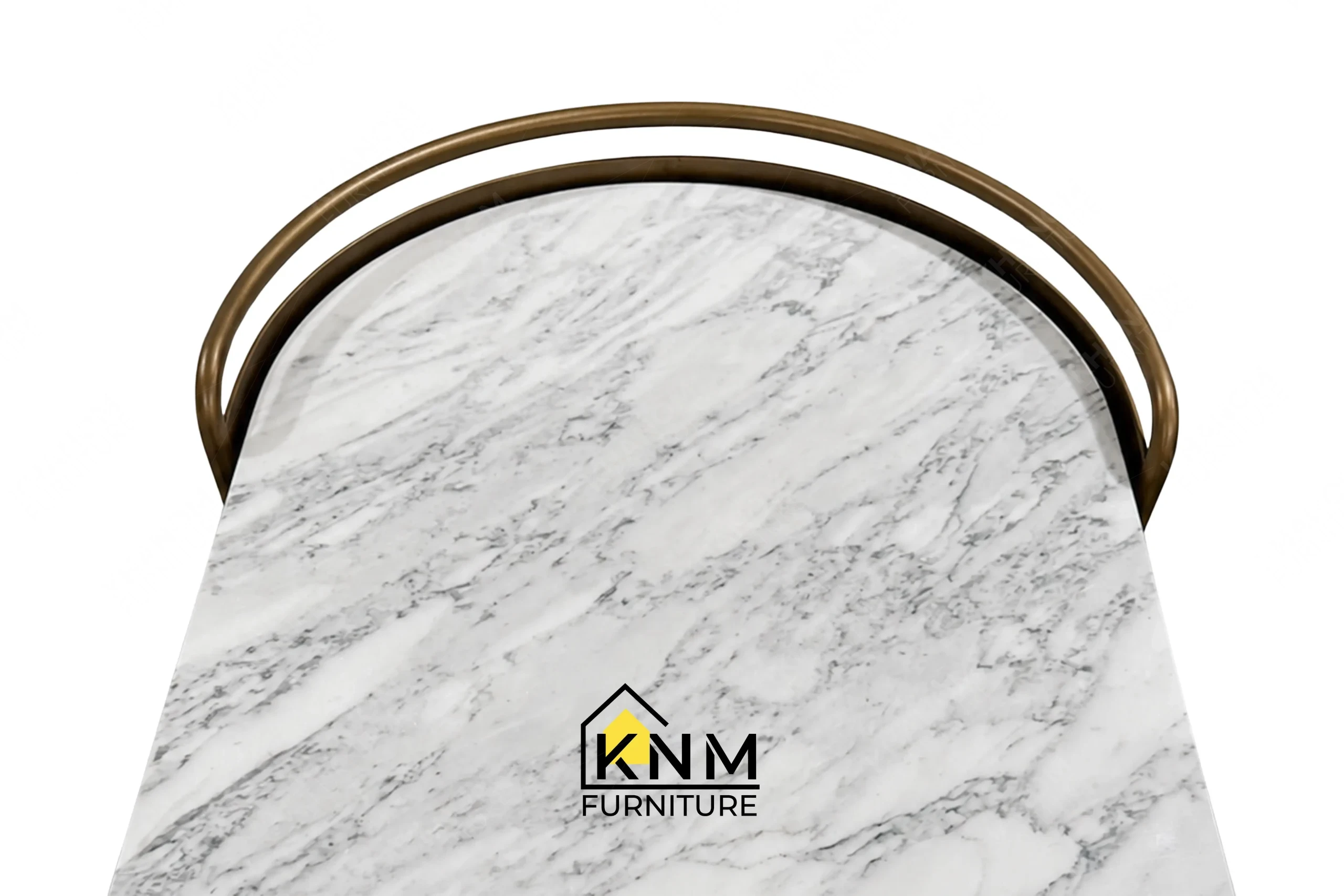 The surface texture detail of the Platinum Nickel Calcatta stone bar cart manufactured by Khanom Furniture reveals the Platinum Nickel Granex powdercoat finish.