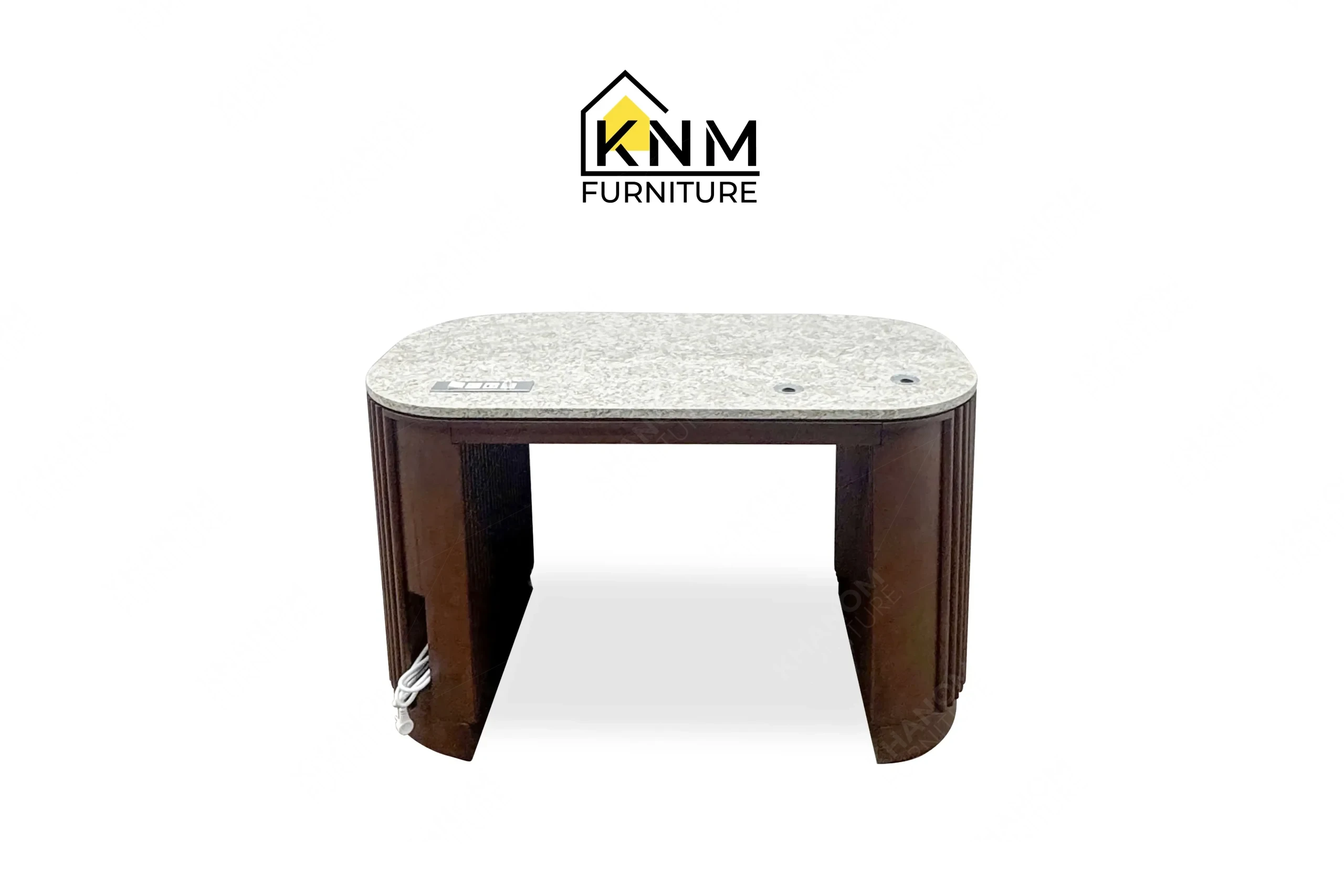 This rear view captures the concealed wire management panels of the quartz top tambour king bed desk engineered by Khanom Furniture.
