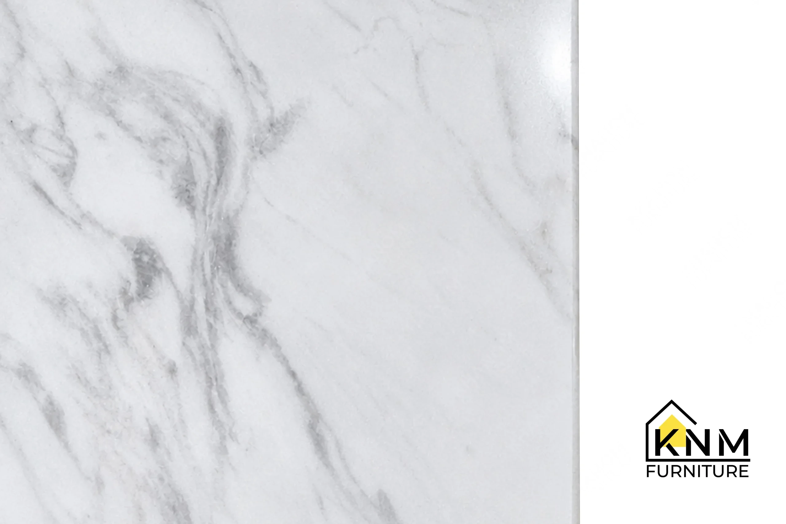 The surface texture detail of the Volakas marble Stoneguard oak dining table manufactured by Khanom Furniture reveals the 1.5-inch edge build-up and radial corners.