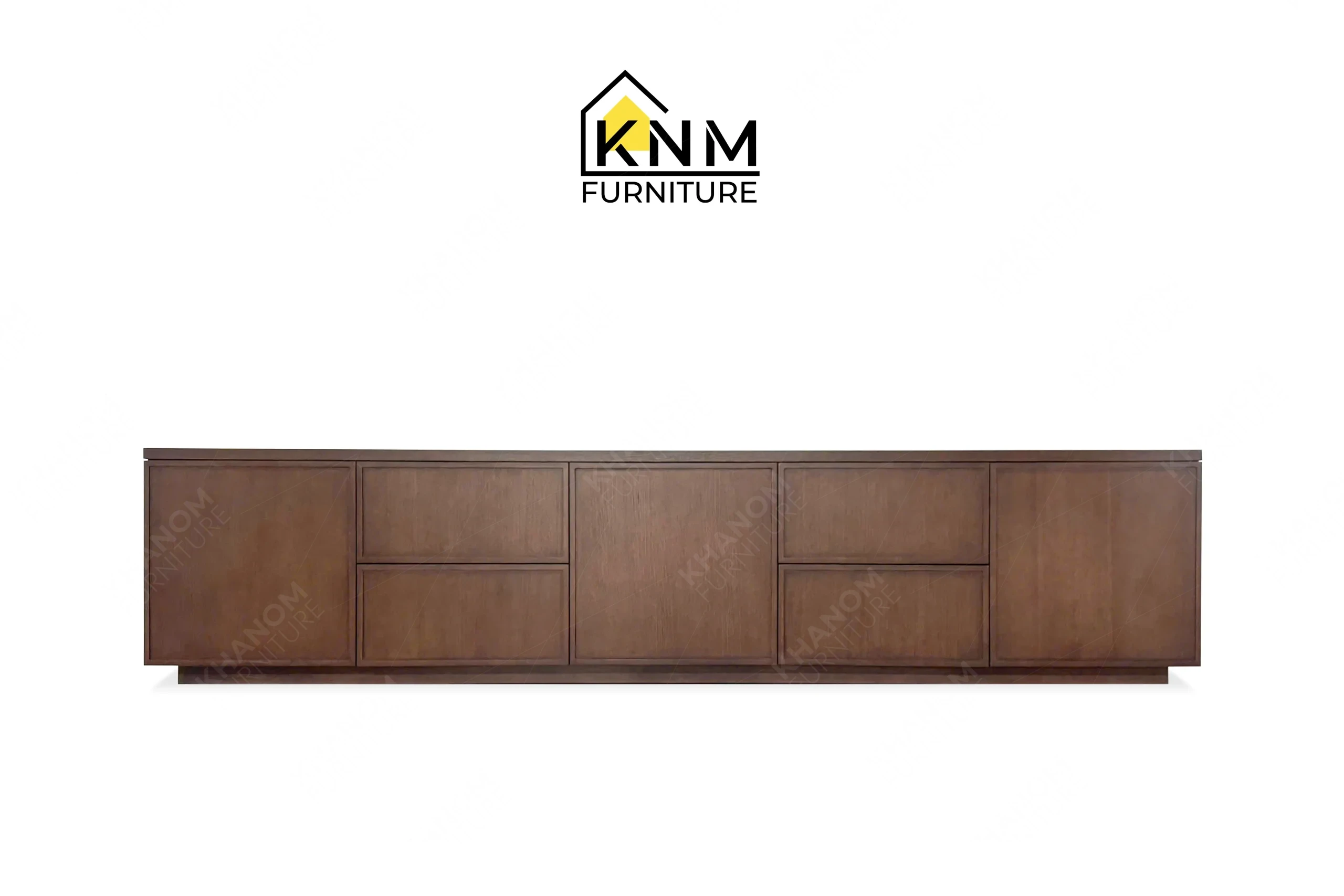 This front view displays the 140-Inch Walnut Quarter Cut Oak Credenza manufactured by Khanom Furniture, highlighting the expansive wood facade and flush doors.