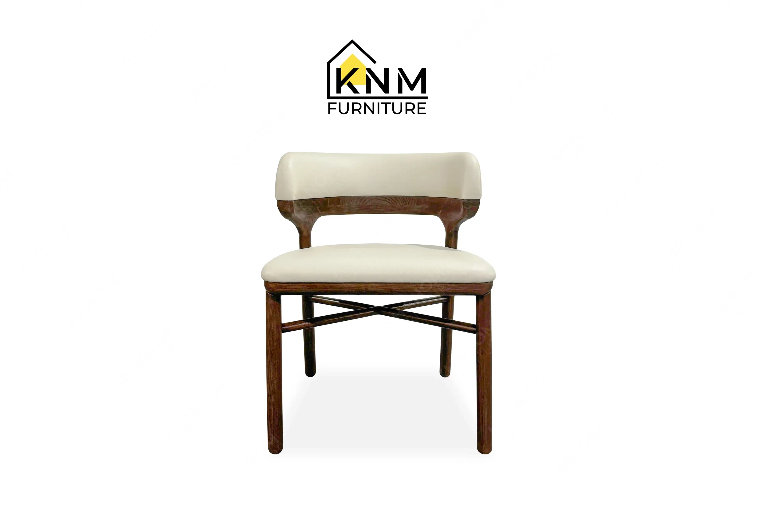 This front view displays the Ash solid wood upholstered dining chair manufactured by Khanom Furniture, highlighting the bone vinyl seat and walnut-finished ash frame.