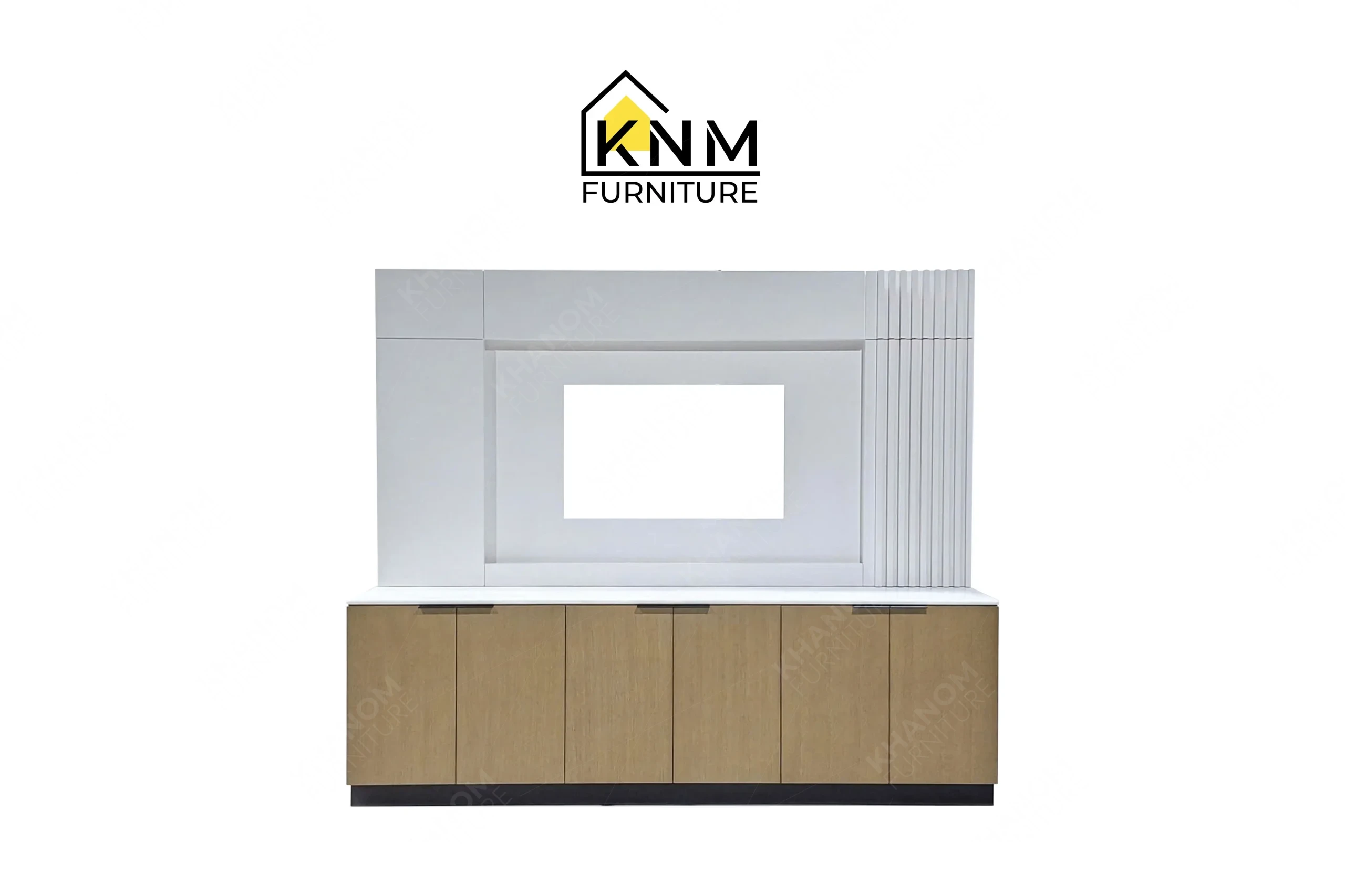 This front view displays the Bianco Rhino marble TV console manufactured by Khanom Furniture, highlighting the lacquered wall paneling and oak credenza doors.