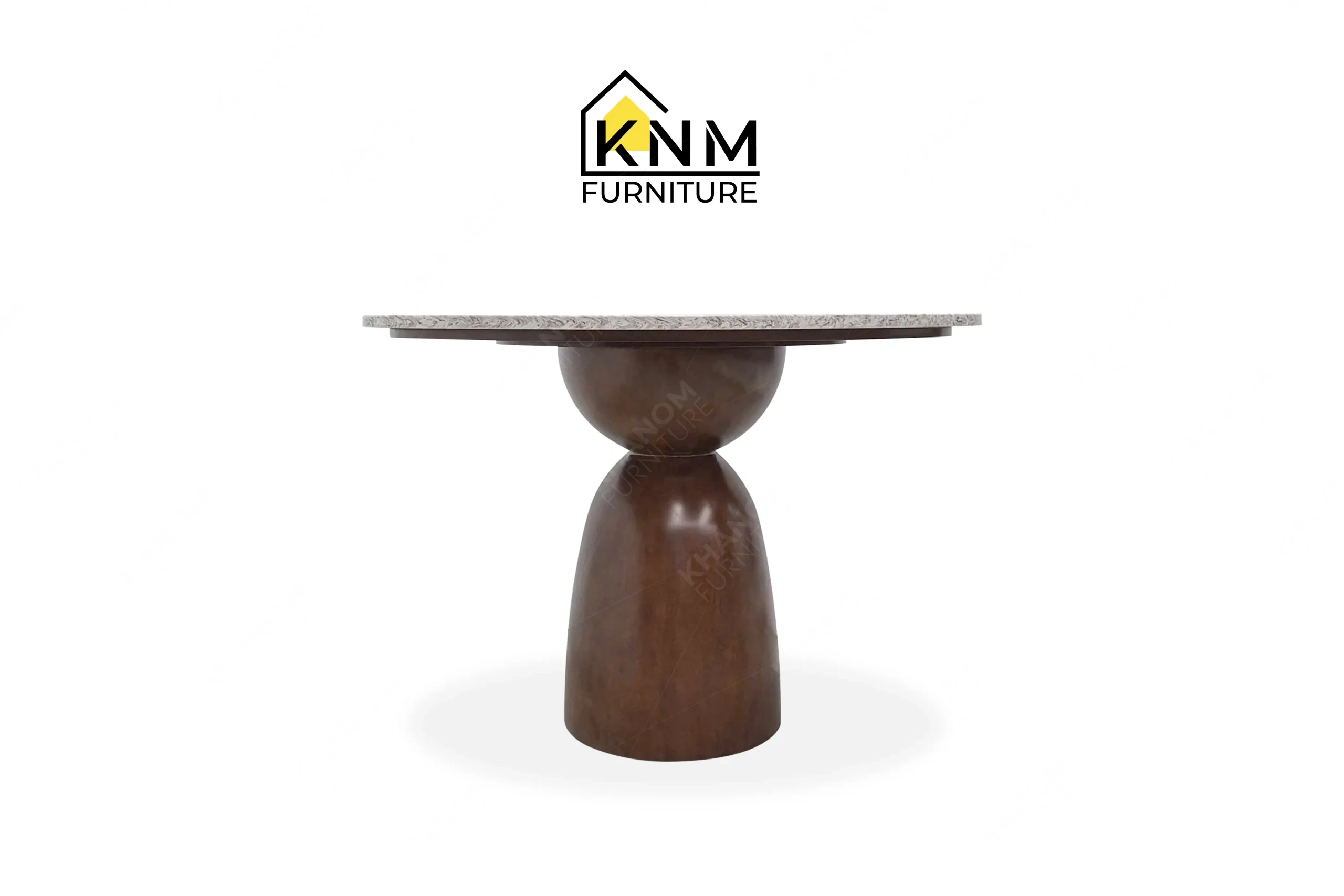 This front view displays the Cambria quartz fiber veneer dining table manufactured by Khanom Furniture, highlighting the geometric Beech veneer base and stone top.