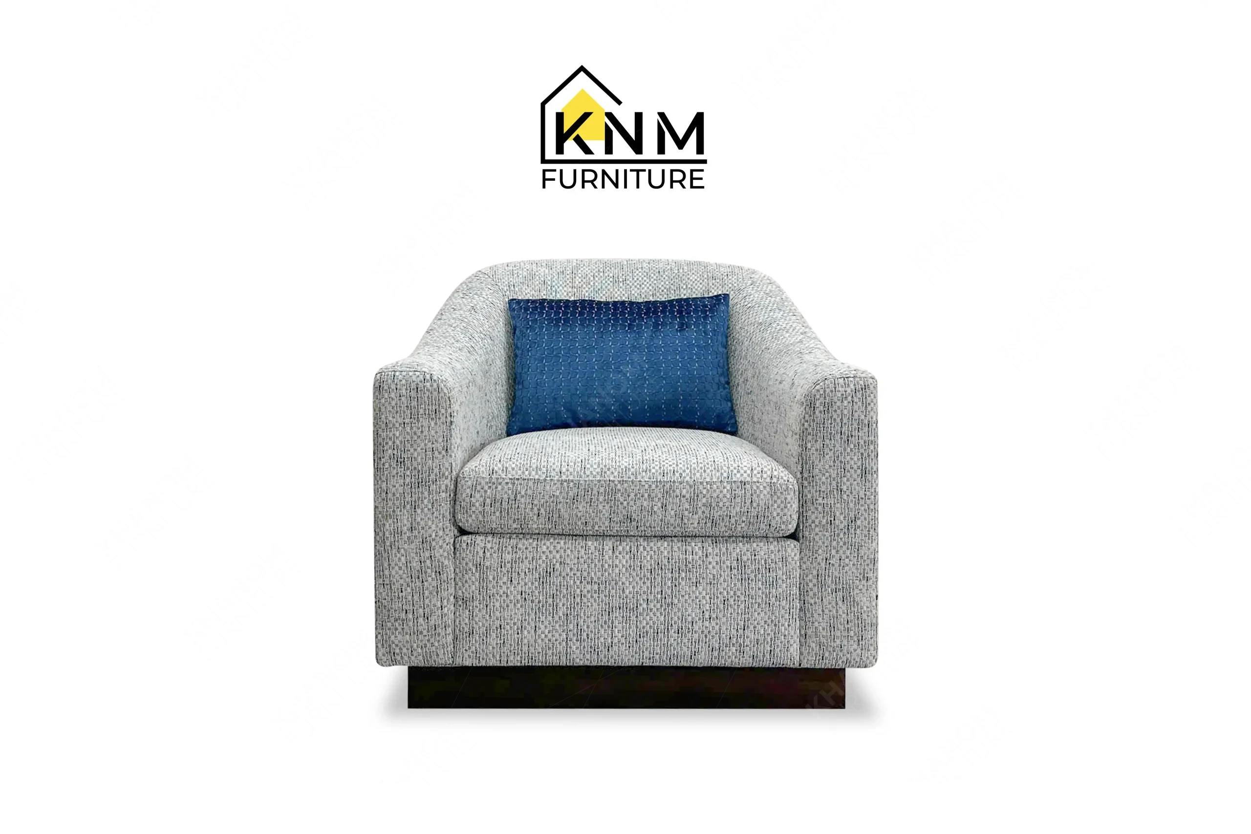 This front view displays the Fabricut upholstered swivel lounge chair manufactured by Khanom Furniture, highlighting the sapphire pillow and textured fabric.