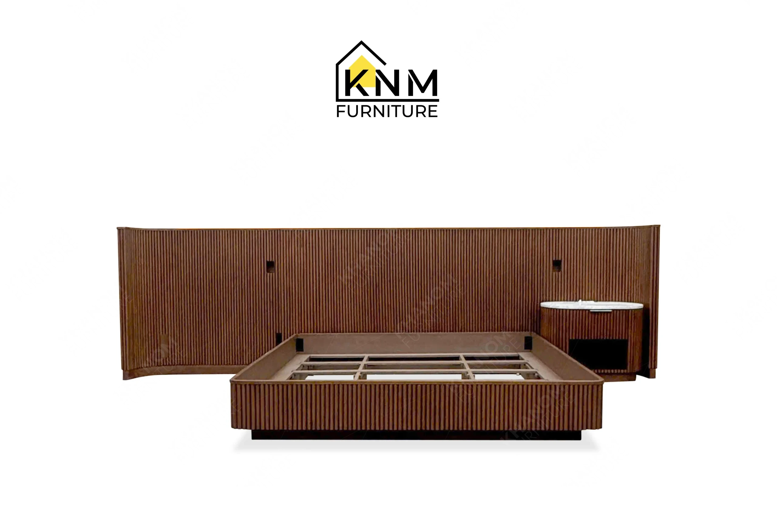 This front view displays the fluted hardwood King bed system manufactured by Khanom Furniture, highlighting the ribbed wood texture and floating nightstands.