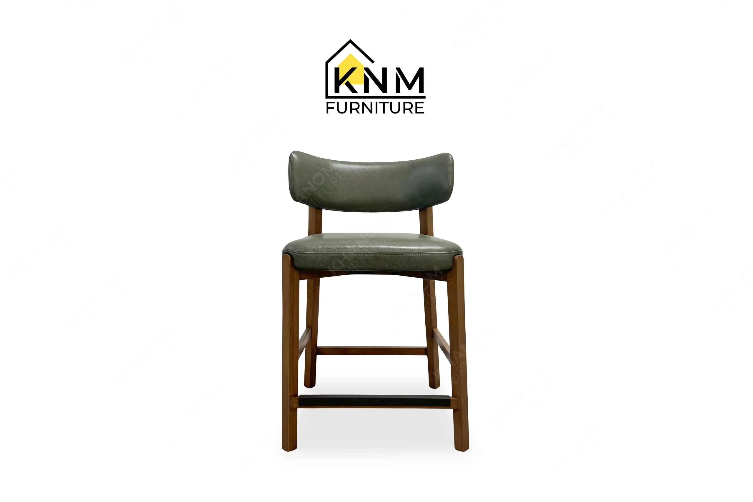 This front view displays the Italian Walnut Maple counter bar stool manufactured by Khanom Furniture, highlighting the leather upholstery and front metal footrest.