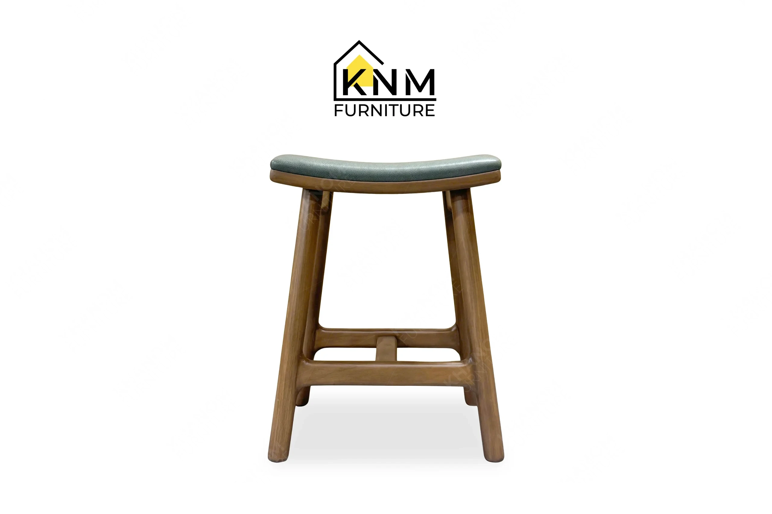 This front view displays the Maple leather counter bar stool manufactured by Khanom Furniture, highlighting the saddle seat and A-frame base.