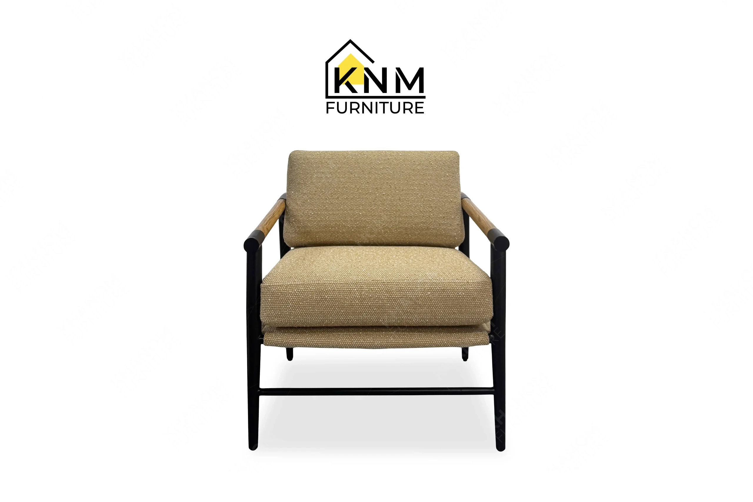 This front view displays the Mayer upholstered metal oak lounge chair manufactured by Khanom Furniture, highlighting the tubular metal frame and loose cushions.