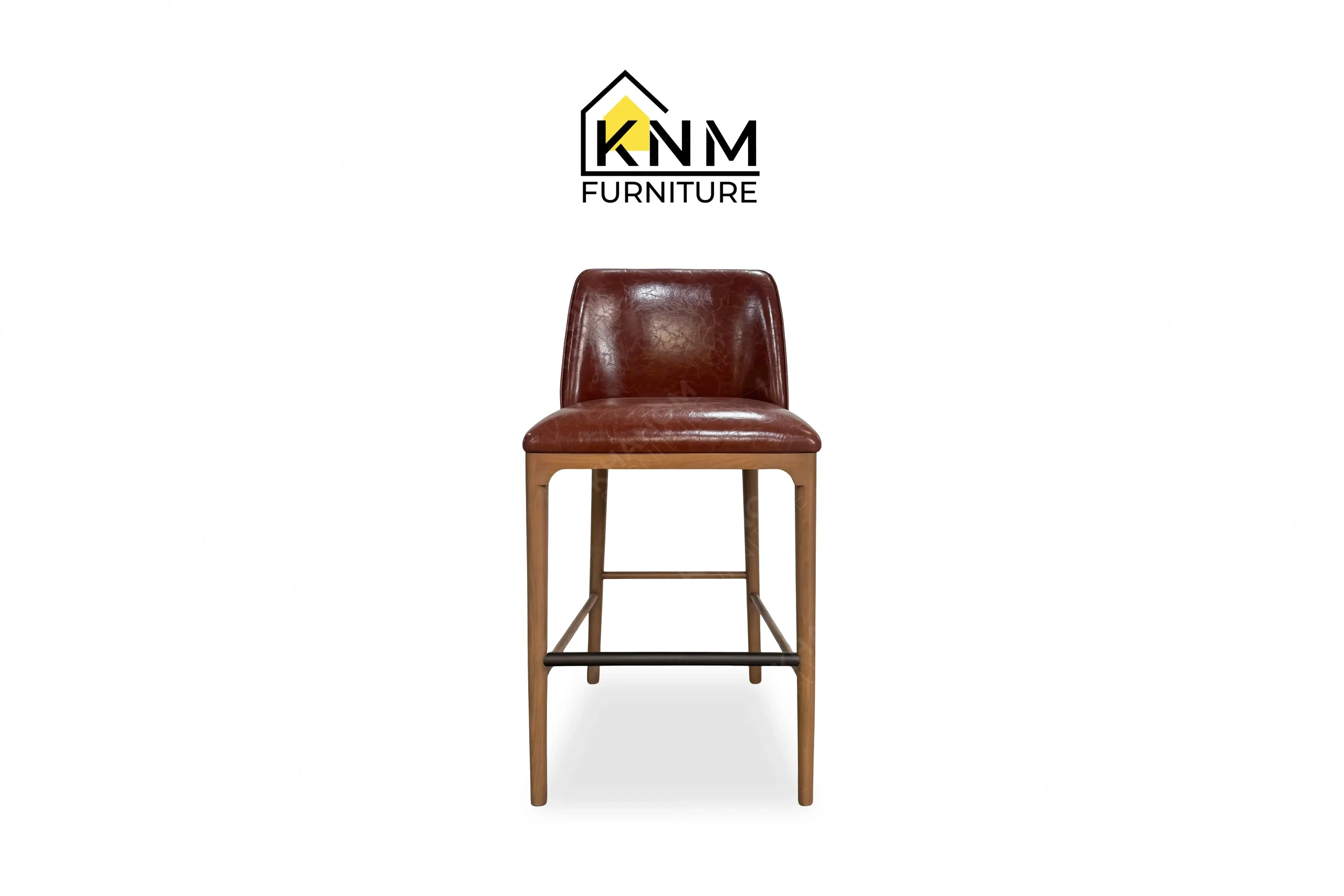 This front view displays the Multi-COM Maple Full Metal Stretcher Barstool manufactured by Khanom Furniture, highlighting the tight seat and front metal bracing.