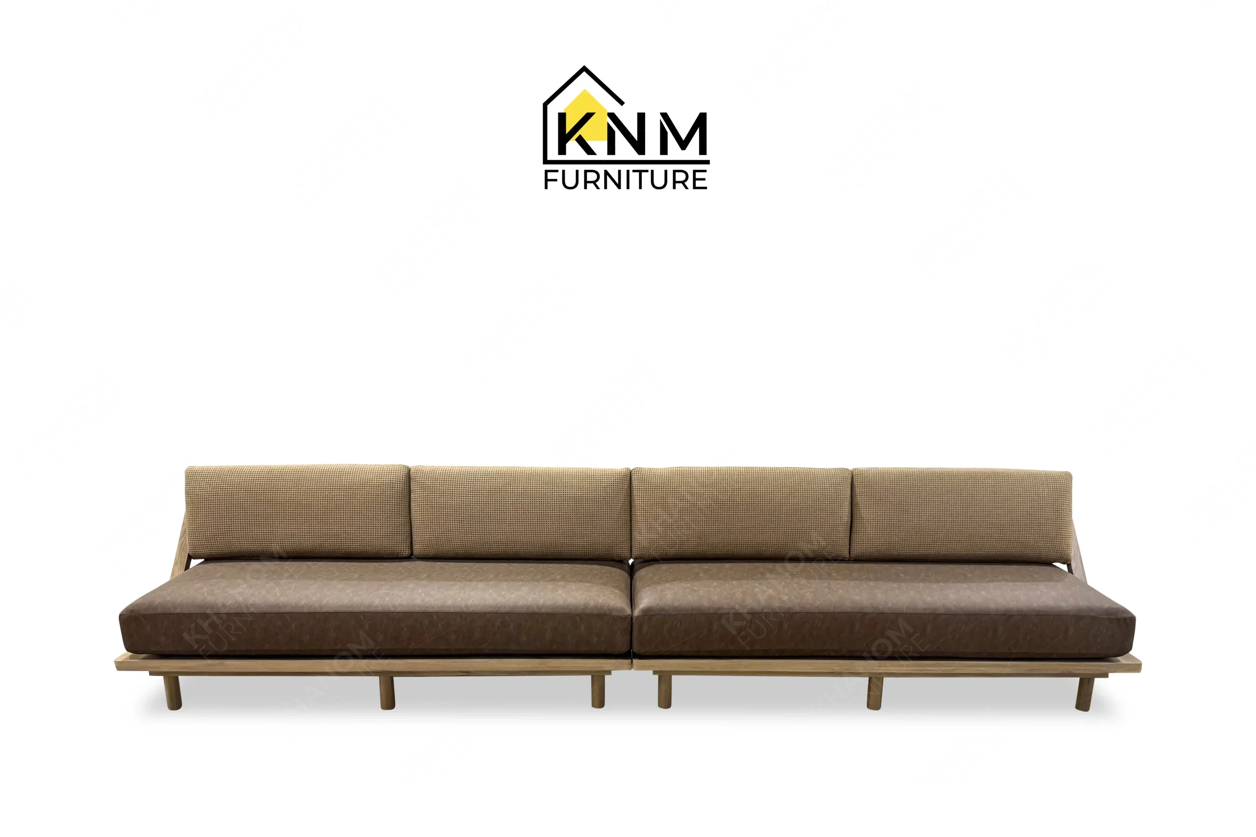 This front view displays the Multi-COM Solid Oak 144-Inch Lounge Sofa manufactured by Khanom Furniture, highlighting the leather seat and textured back cushions.