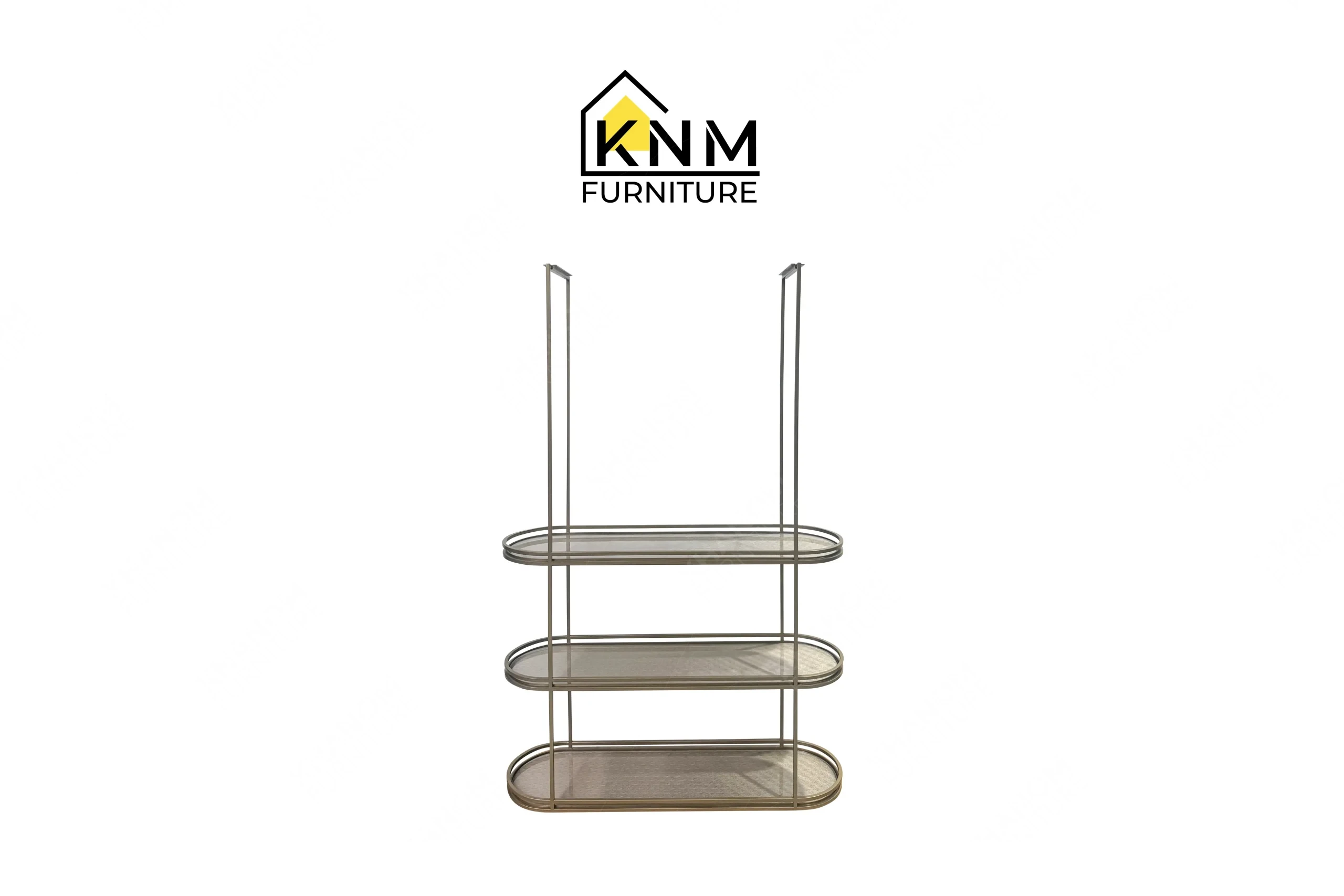 This front view displays the Platinum Nickel mesh glass minibar shelves manufactured by Khanom Furniture, highlighting the suspended frame and 3-tier structure.
