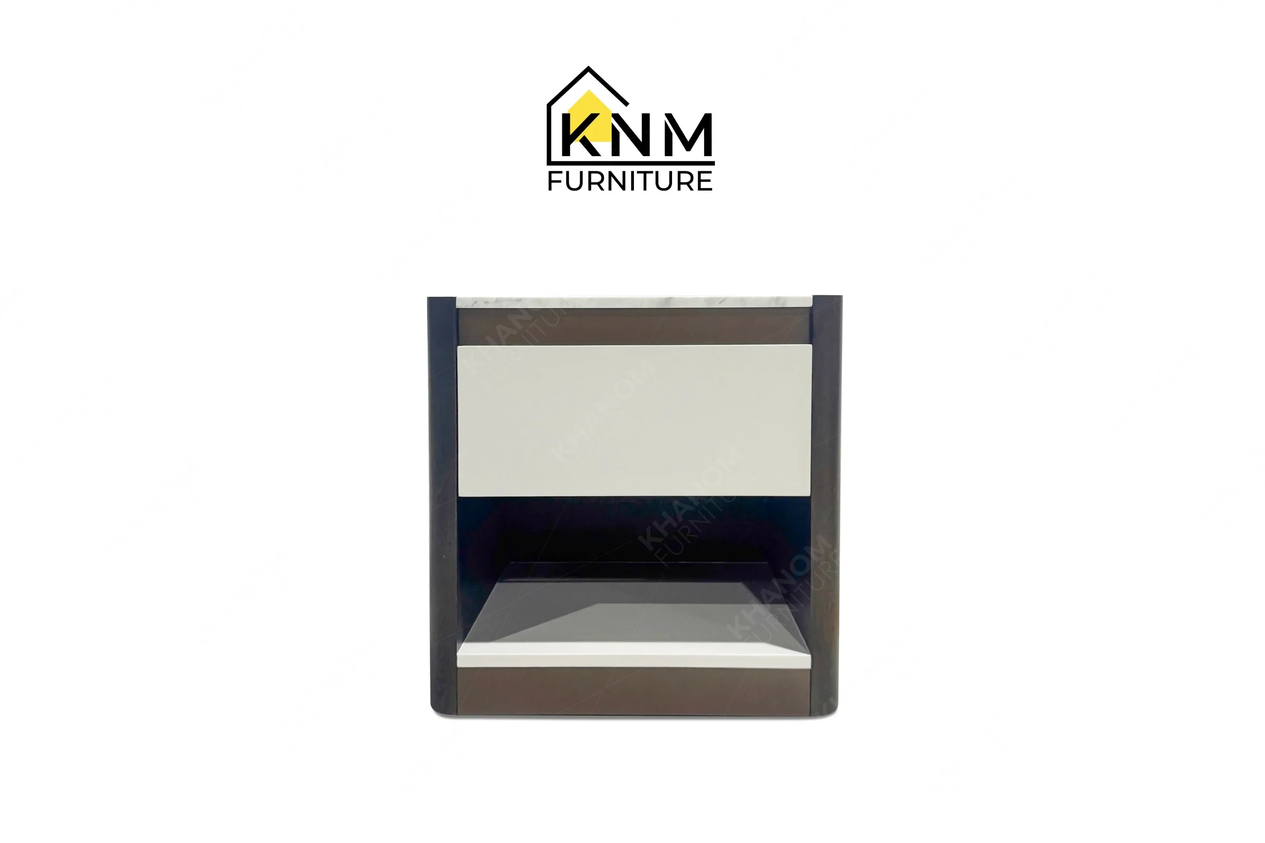 This front view displays the Volakas marble Stoneguard lacquer oak nightstand manufactured by Khanom Furniture, highlighting the gray oak frame and lacquered drawer front.