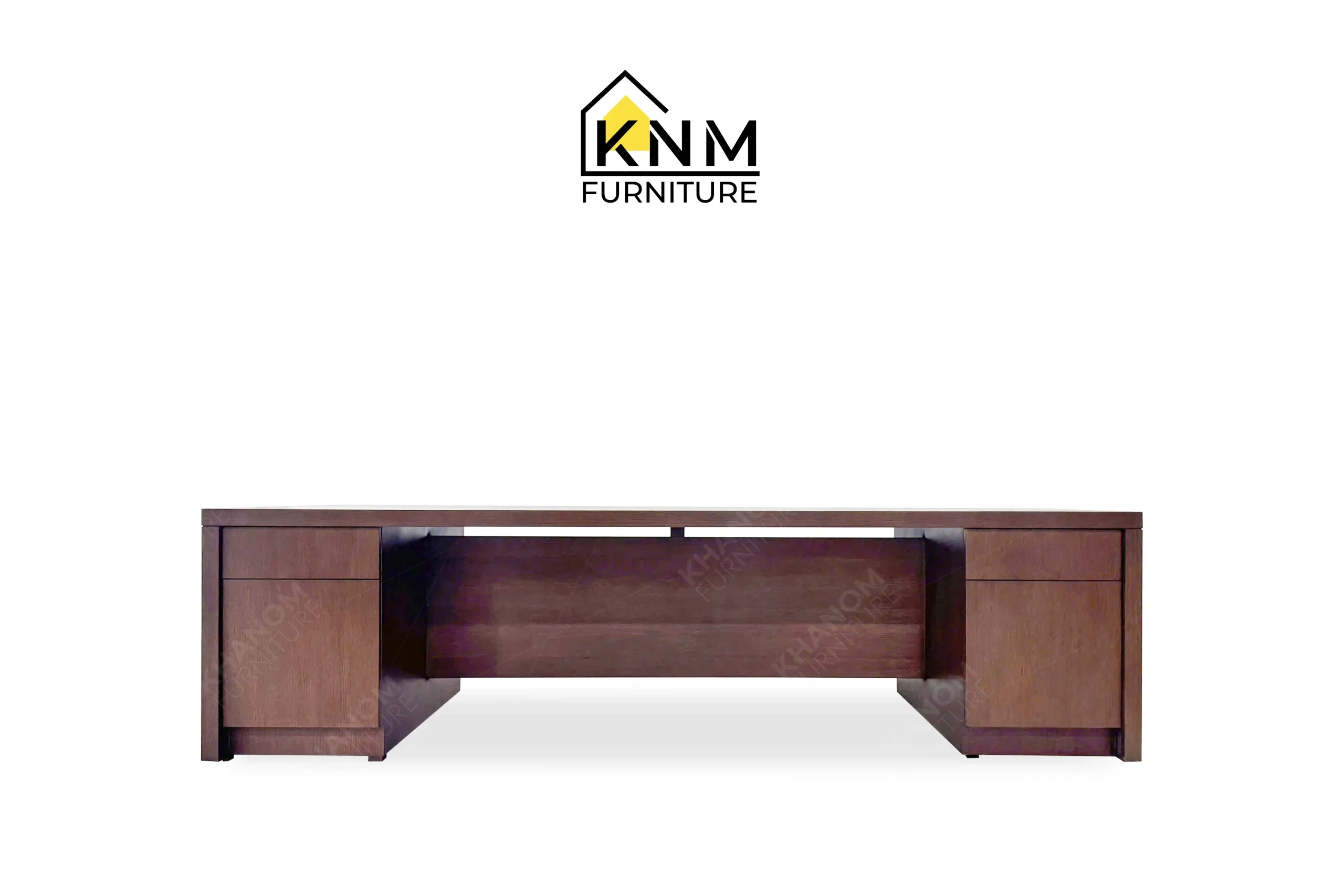 This front view displays the Walnut Quarter Cut Oak Executive Desk manufactured by Khanom Furniture, highlighting the expansive wood top and dual side pedestals.