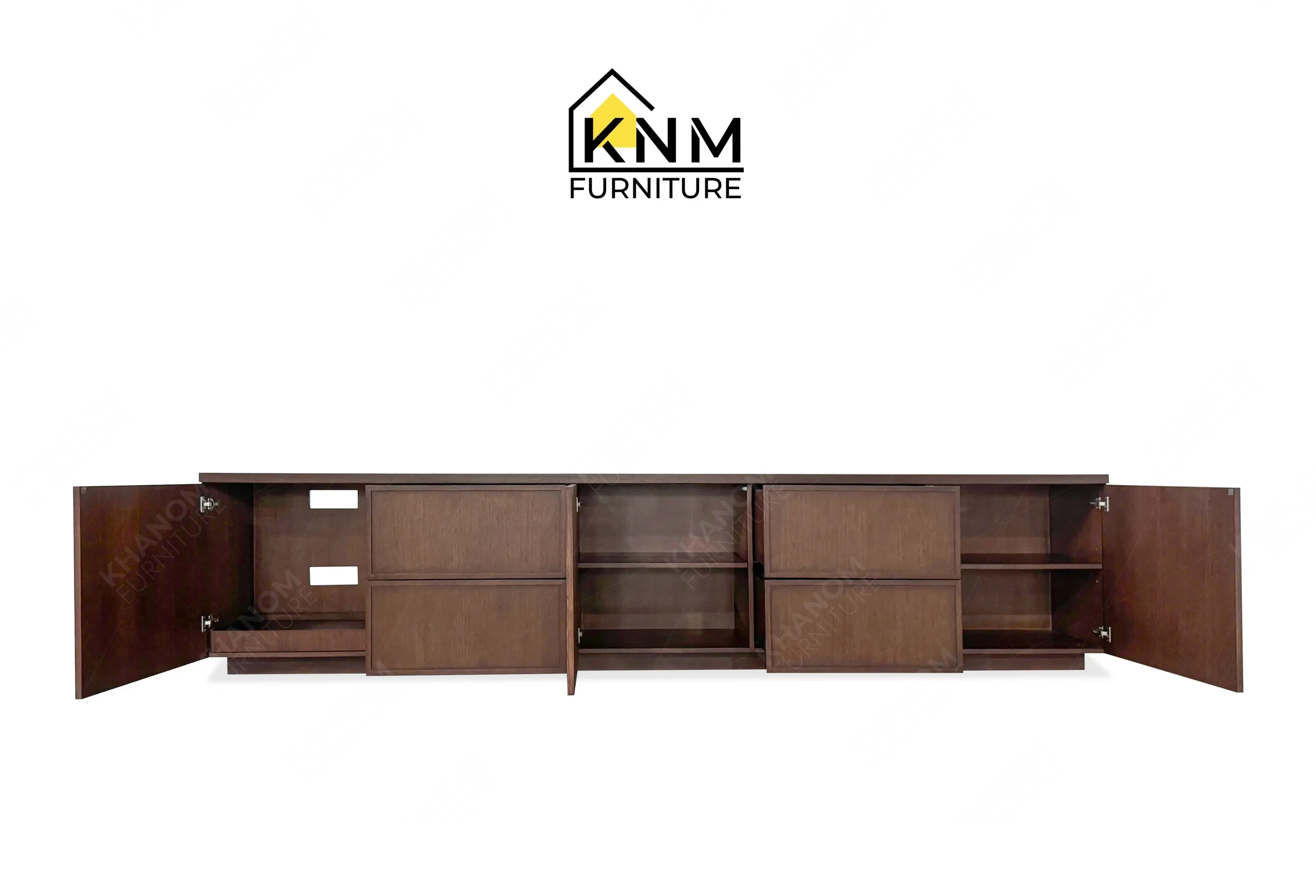A perspective view illustrating the vast depth and solid wood chassis of the 140-Inch Walnut Quarter Cut Oak Credenza produced by Khanom Furniture.