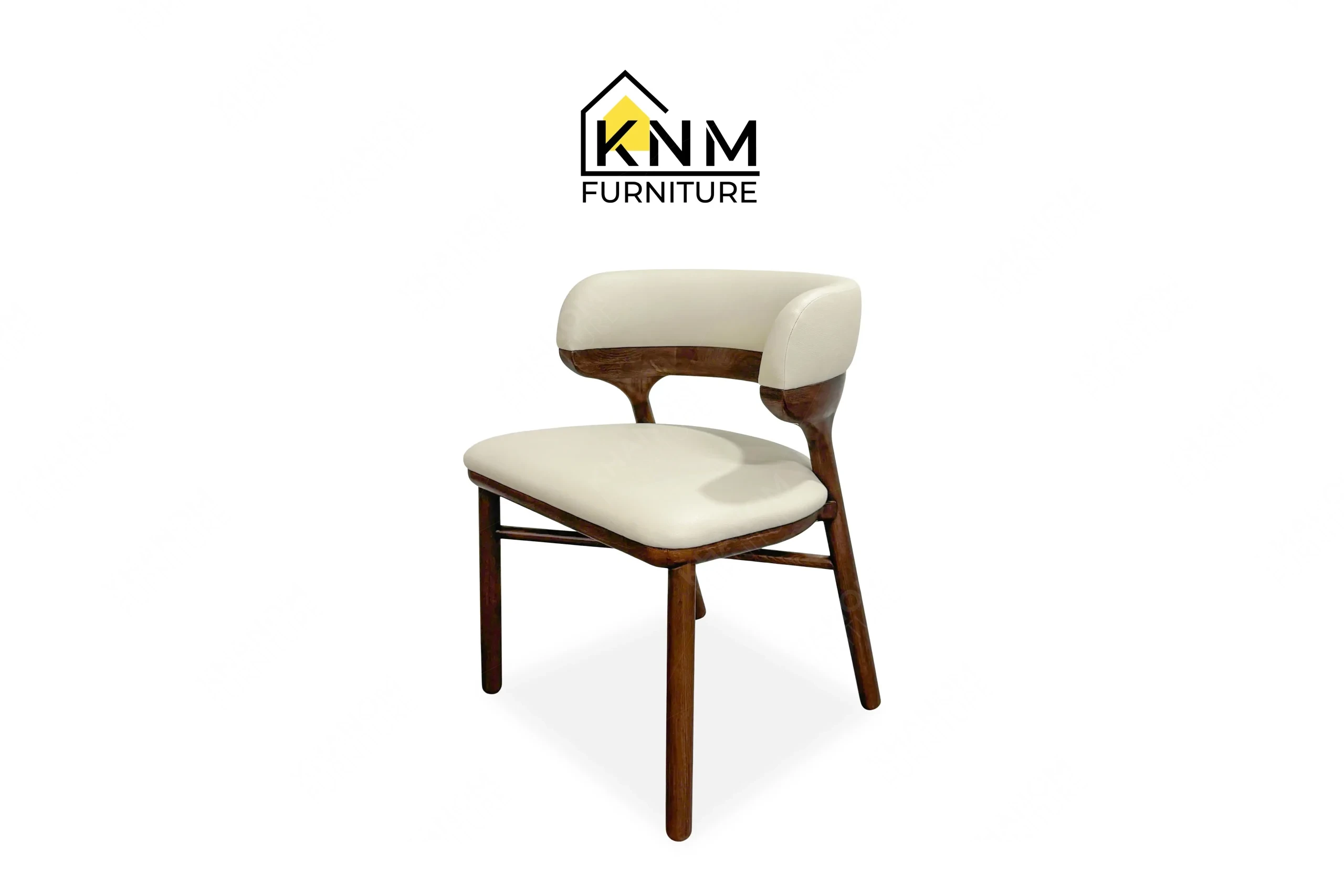 A perspective view illustrating the curved backrest and X-stretcher frame of the Ash solid wood upholstered dining chair produced by Khanom Furniture.
