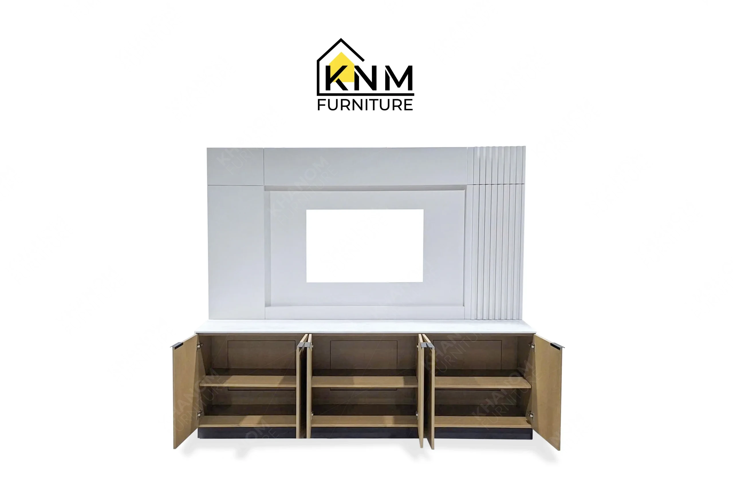 This open front view displays the Bianco Rhino marble TV console manufactured by Khanom Furniture, highlighting the lacquered wall paneling and oak credenza doors.