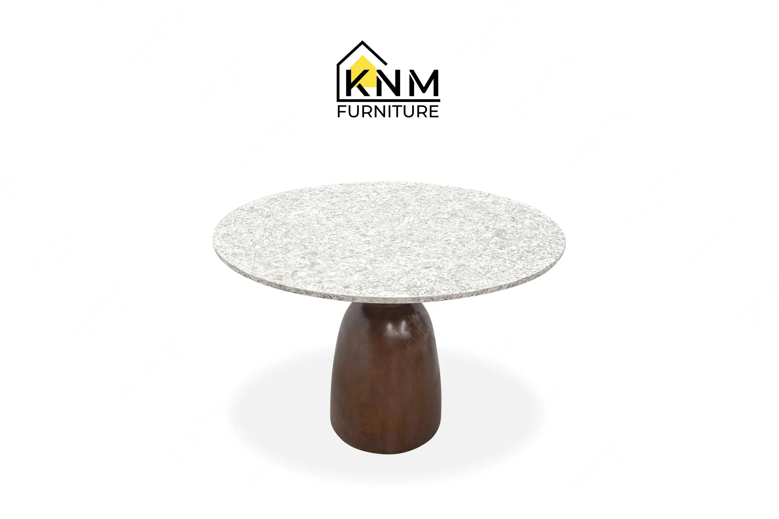 A perspective view illustrating the oval quartz top and sculpted base of the Cambria quartz fiber veneer dining table produced by Khanom Furniture.