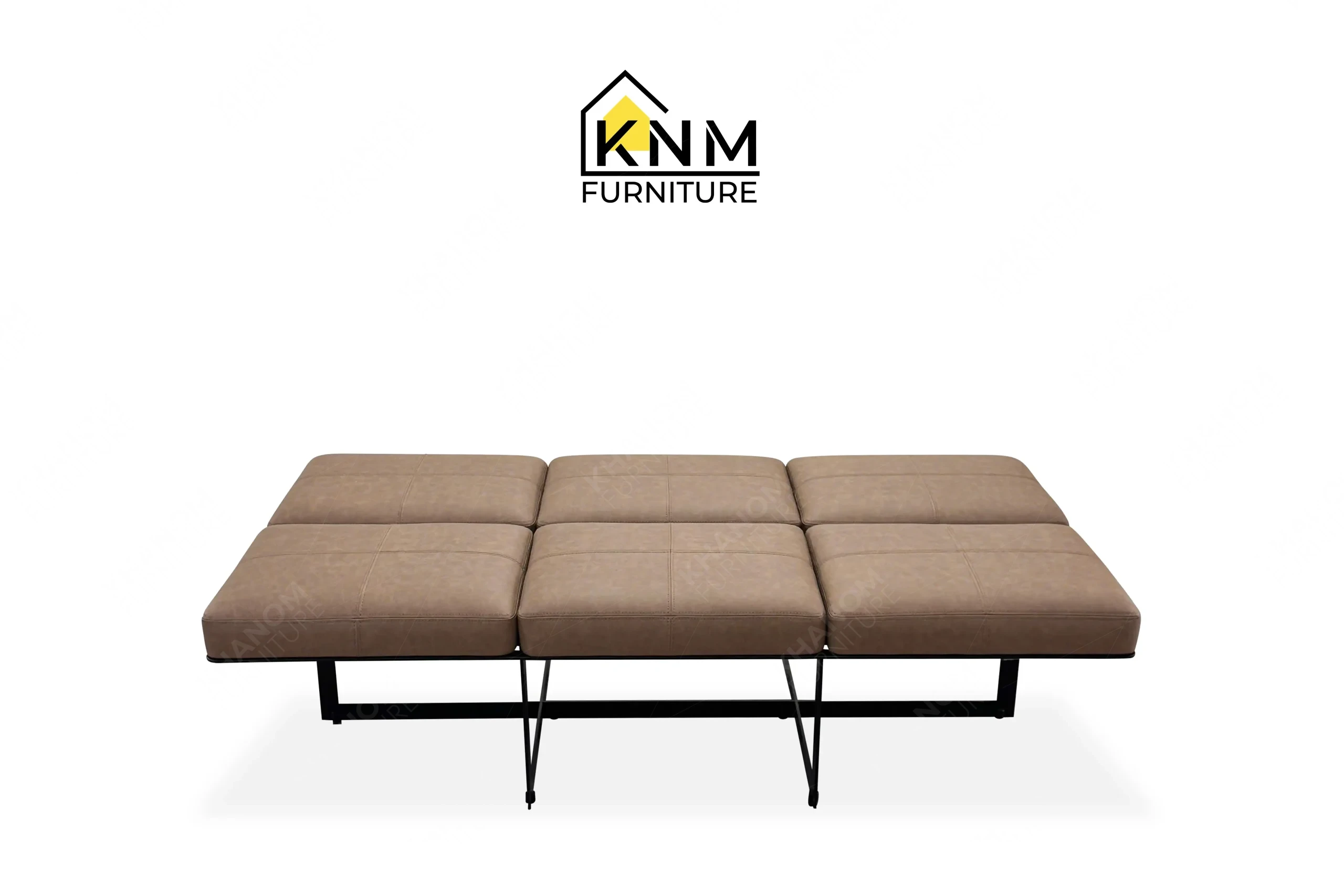 A perspective view illustrating the metal framing and tufted upholstery of the Fabricut upholstered metal locker room bench produced by Khanom Furniture.